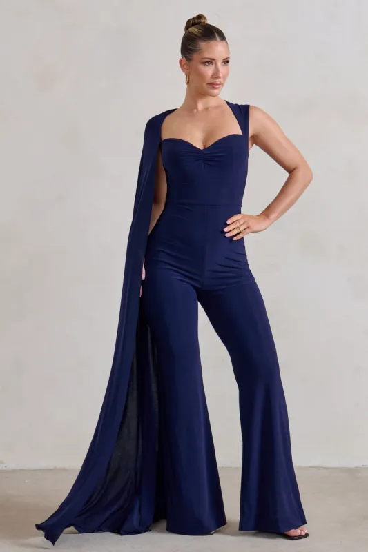 Vivi | Navy Asymmetric Cape Sleeve Jumpsuit sold by Club L London