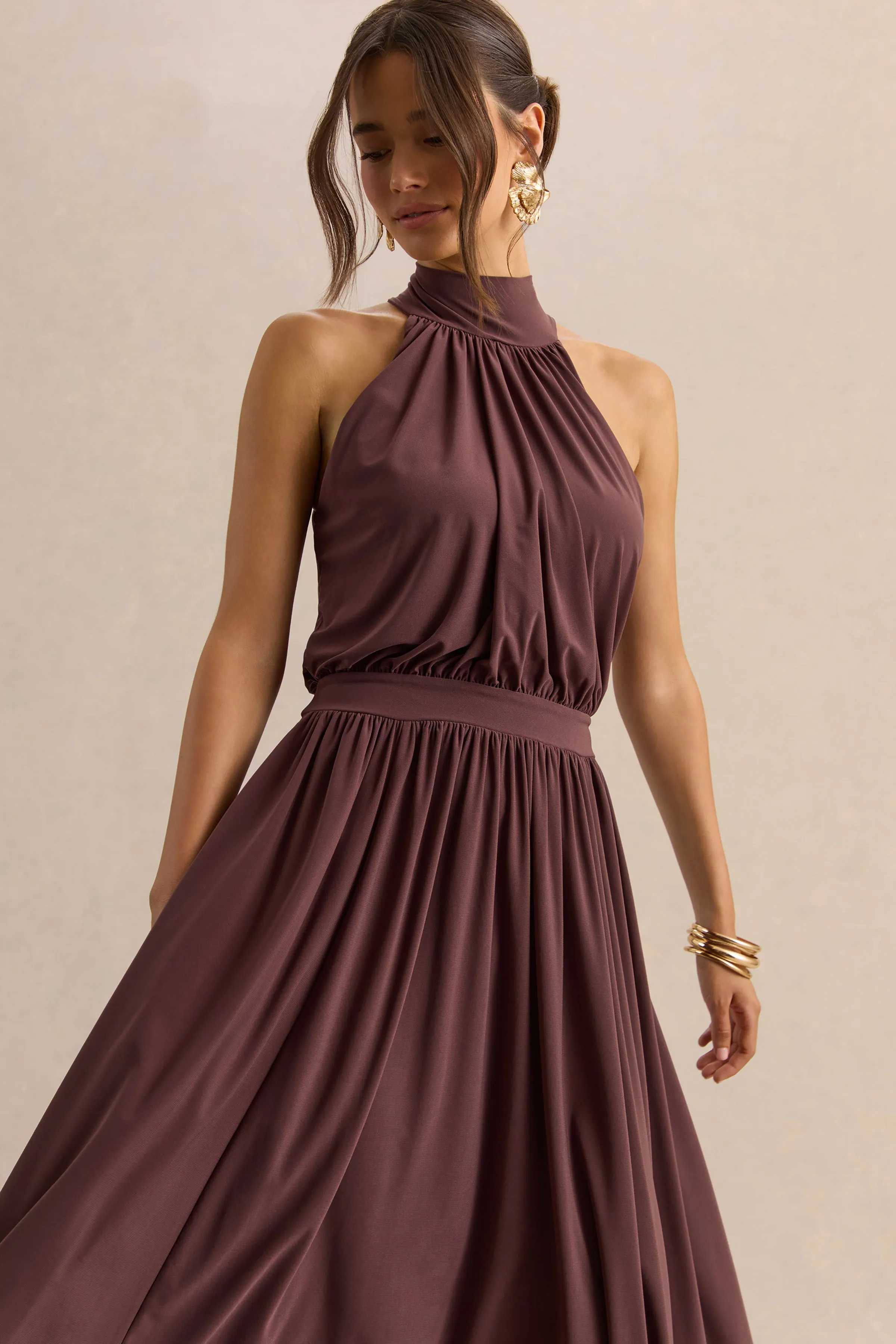 Hedira | Brown High-Neck Midi Dress sold by Club L London product image thumbnail 3