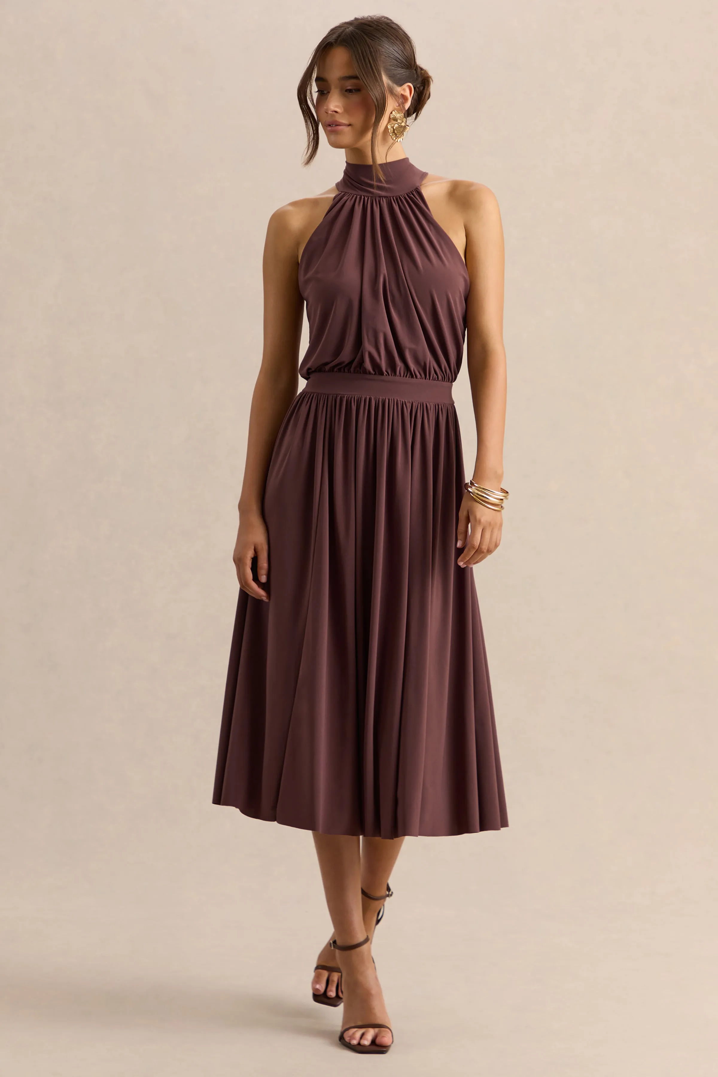 Hedira | Brown High-Neck Midi Dress sold by Club L London product image thumbnail 4