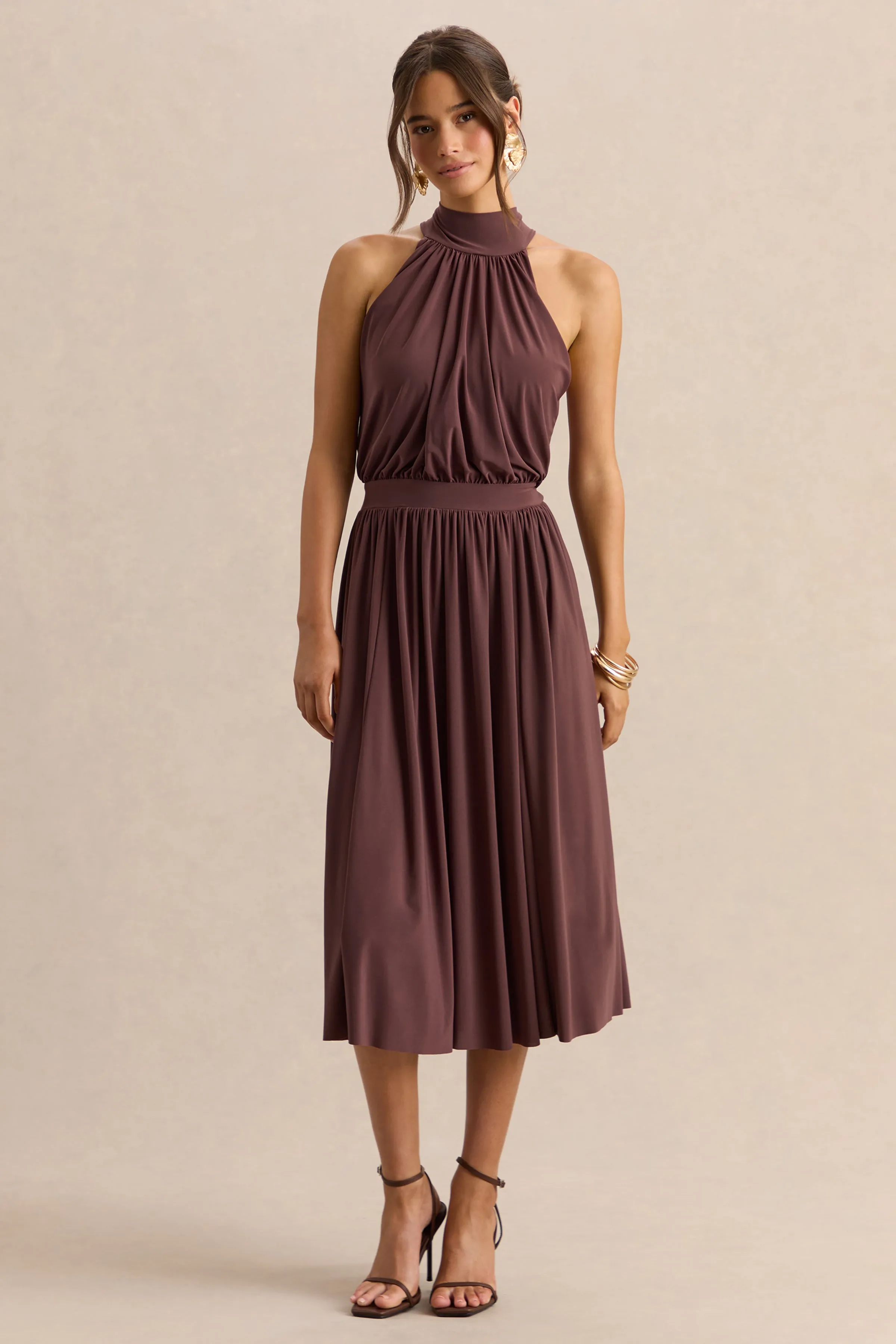 Hedira | Brown High-Neck Midi Dress sold by Club L London