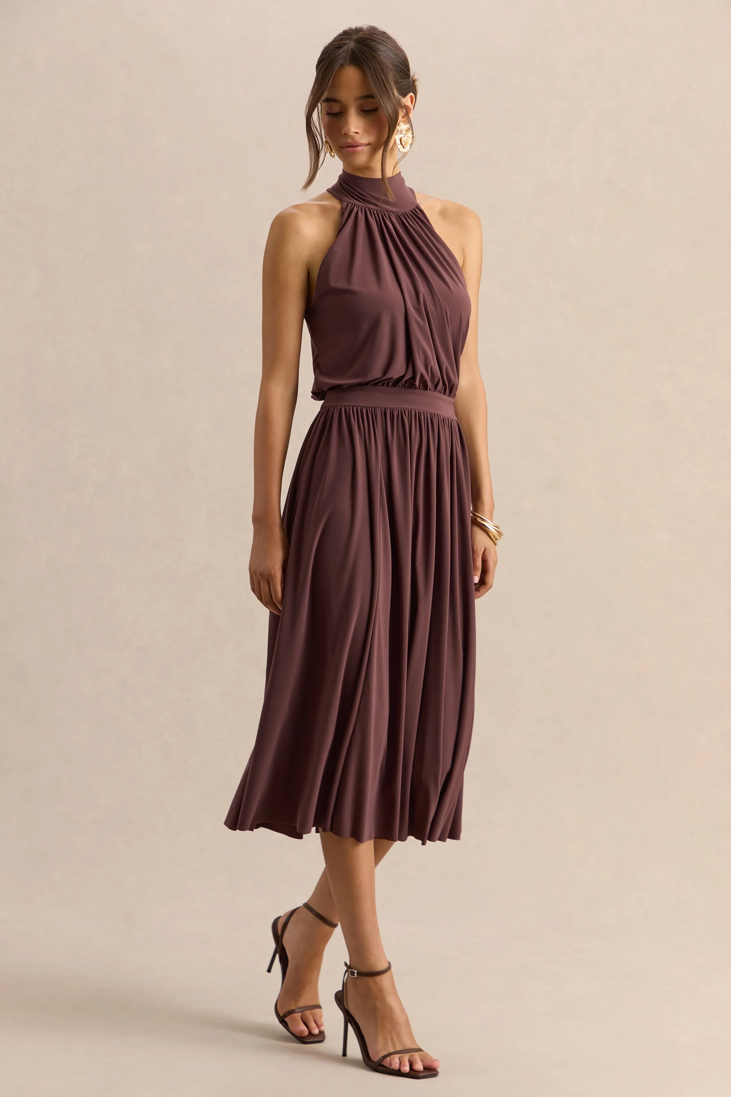 Hedira | Brown High-Neck Midi Dress sold by Club L London product image thumbnail 5