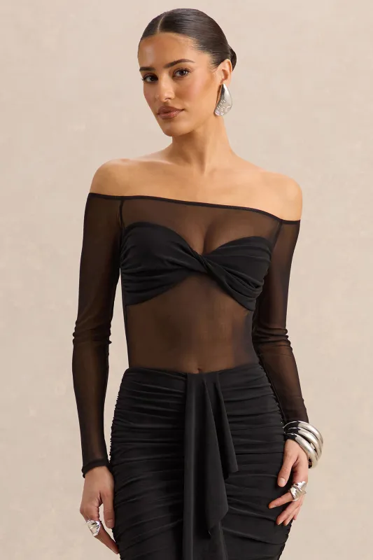 Maira | Black Mesh Bardot-Neck Bodysuit made by Club L London
