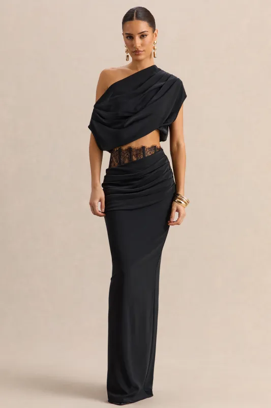 Silora | Black Satin Maxi Skirt With Lace-Detail made by Club L London