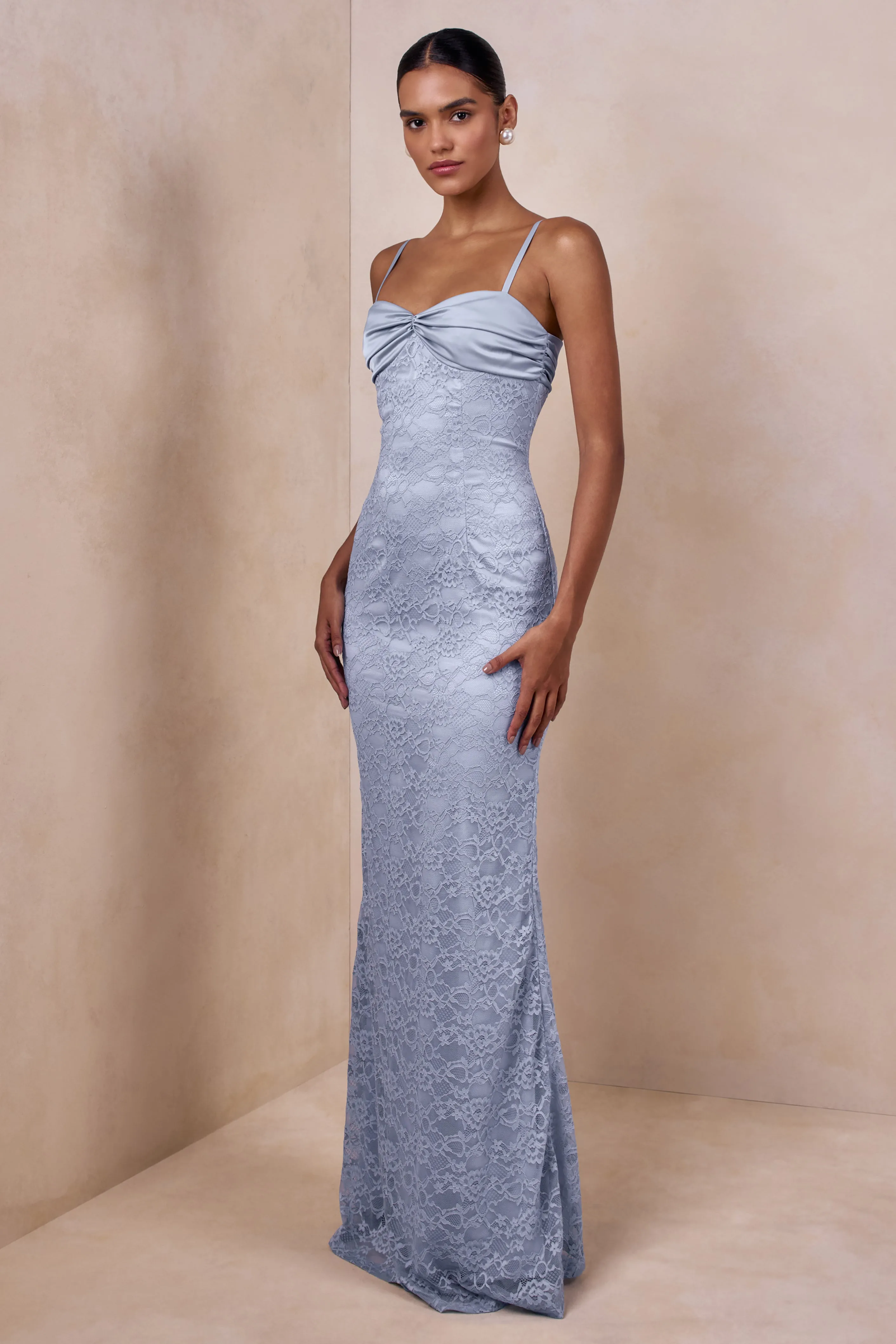 Juana | Powder Blue Lace And Satin Sweetheart-Neck Maxi Dress sold by Club L London product image thumbnail 4