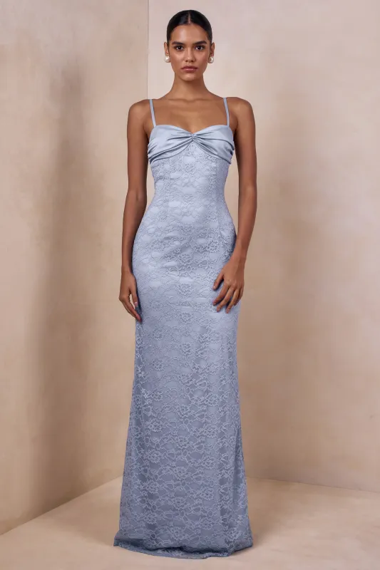 Juana | Powder Blue Lace And Satin Sweetheart-Neck Maxi Dress made by Club L London