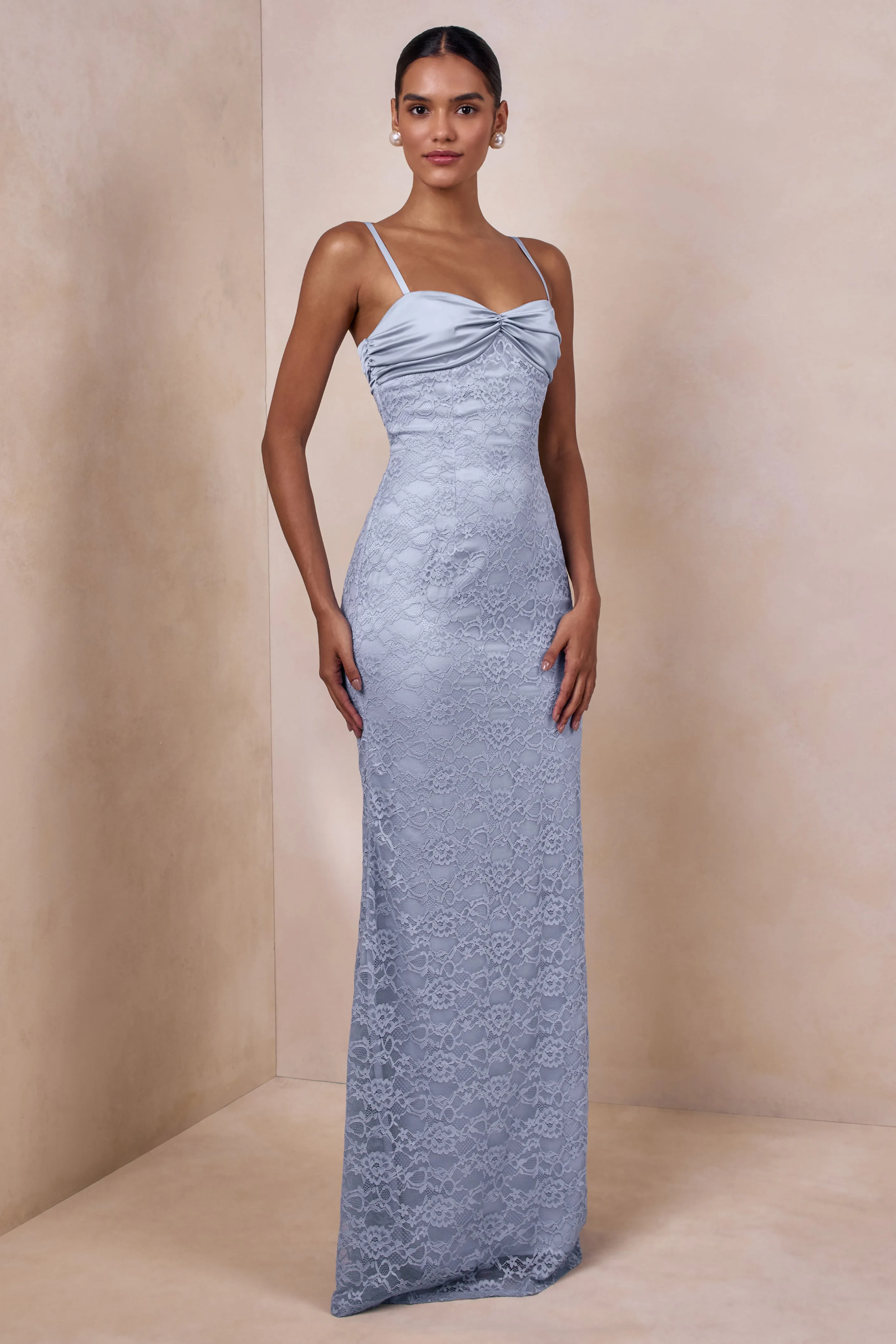 Juana | Powder Blue Lace And Satin Sweetheart-Neck Maxi Dress sold by Club L London product image thumbnail 3