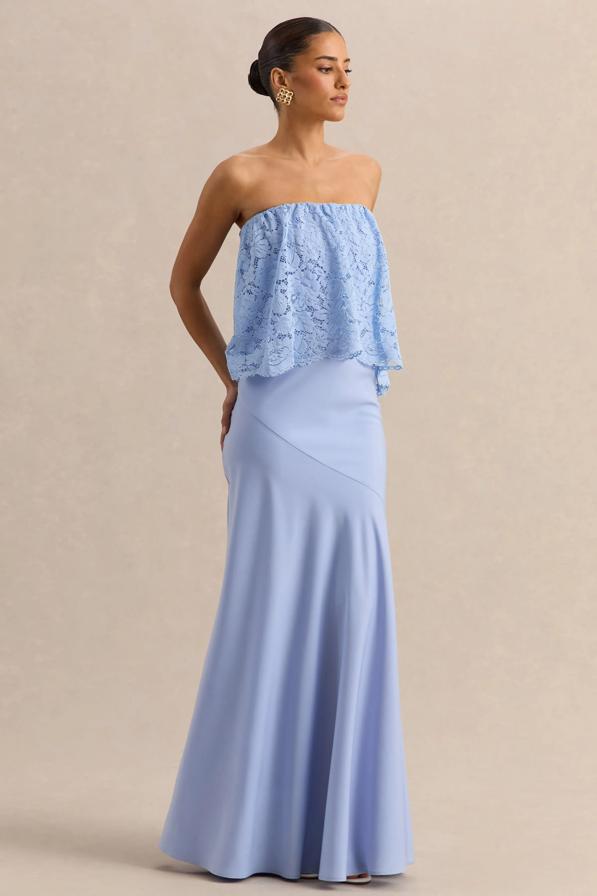 Clemency | Powder Blue Lace And Matte Satin Bandeau Maxi Dress sold by Club L London product image thumbnail 5