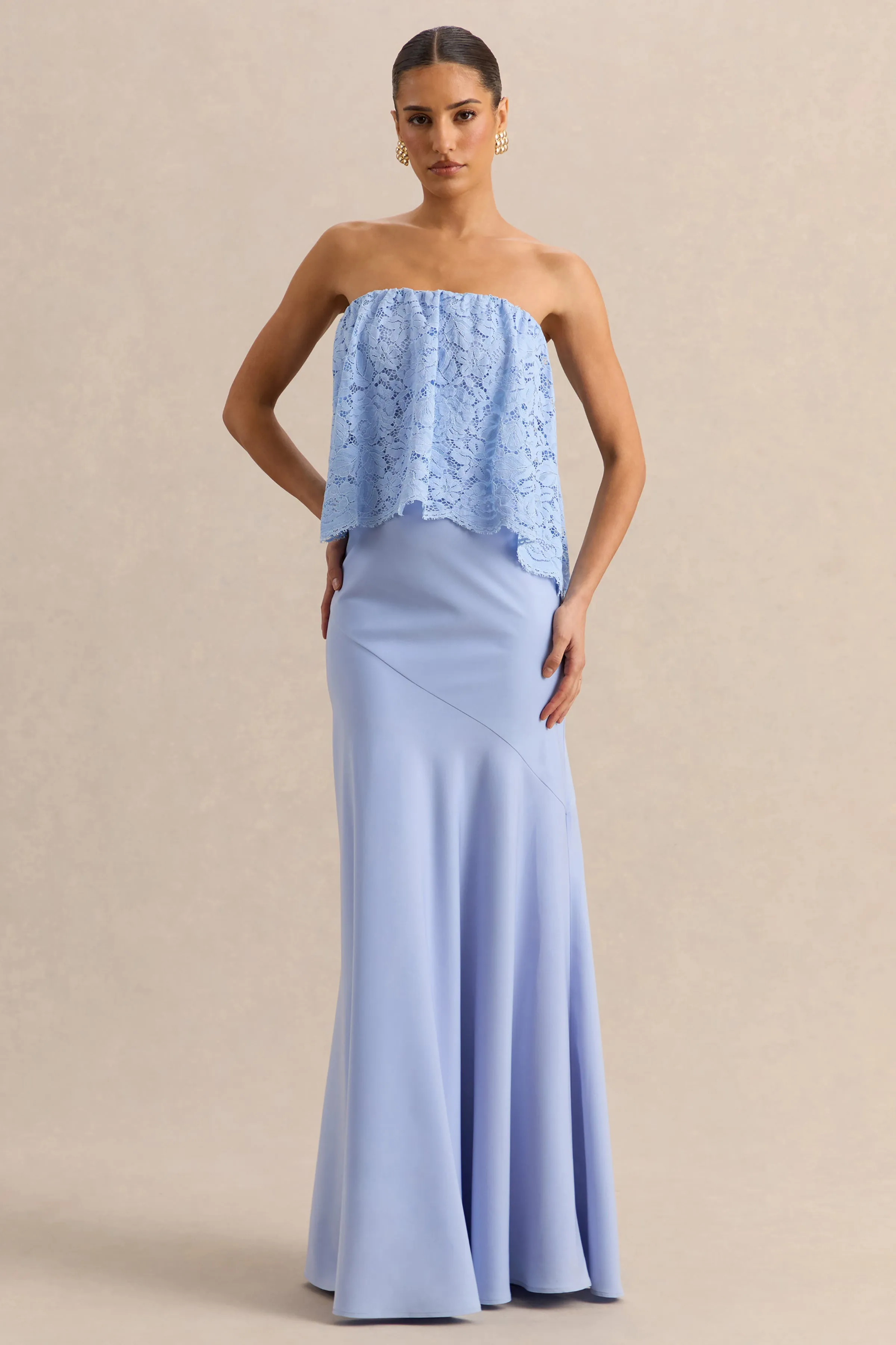 Clemency | Powder Blue Lace And Matte Satin Bandeau Maxi Dress sold by Club L London product image thumbnail 4