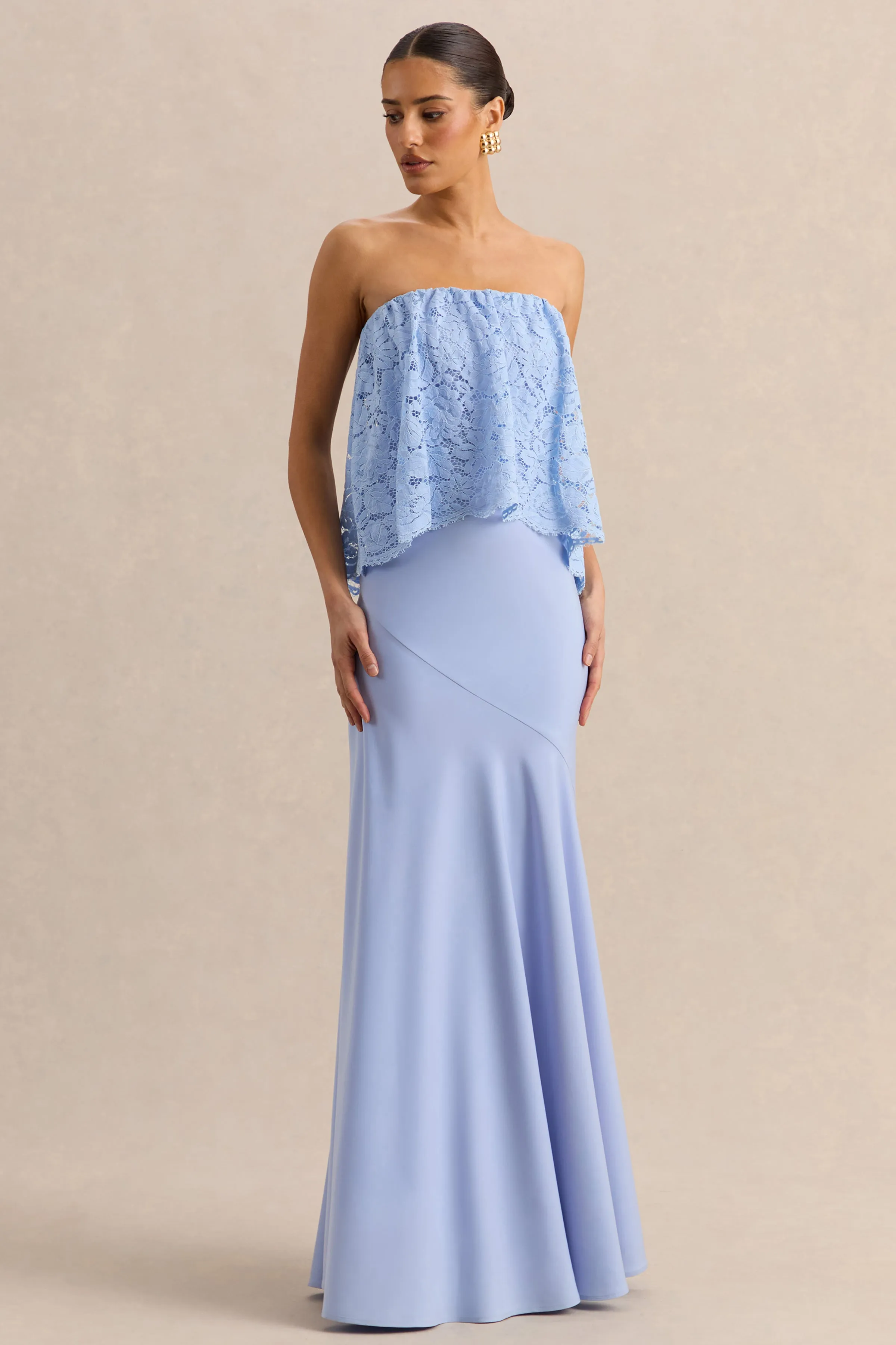 Clemency | Powder Blue Lace And Matte Satin Bandeau Maxi Dress sold by Club L London