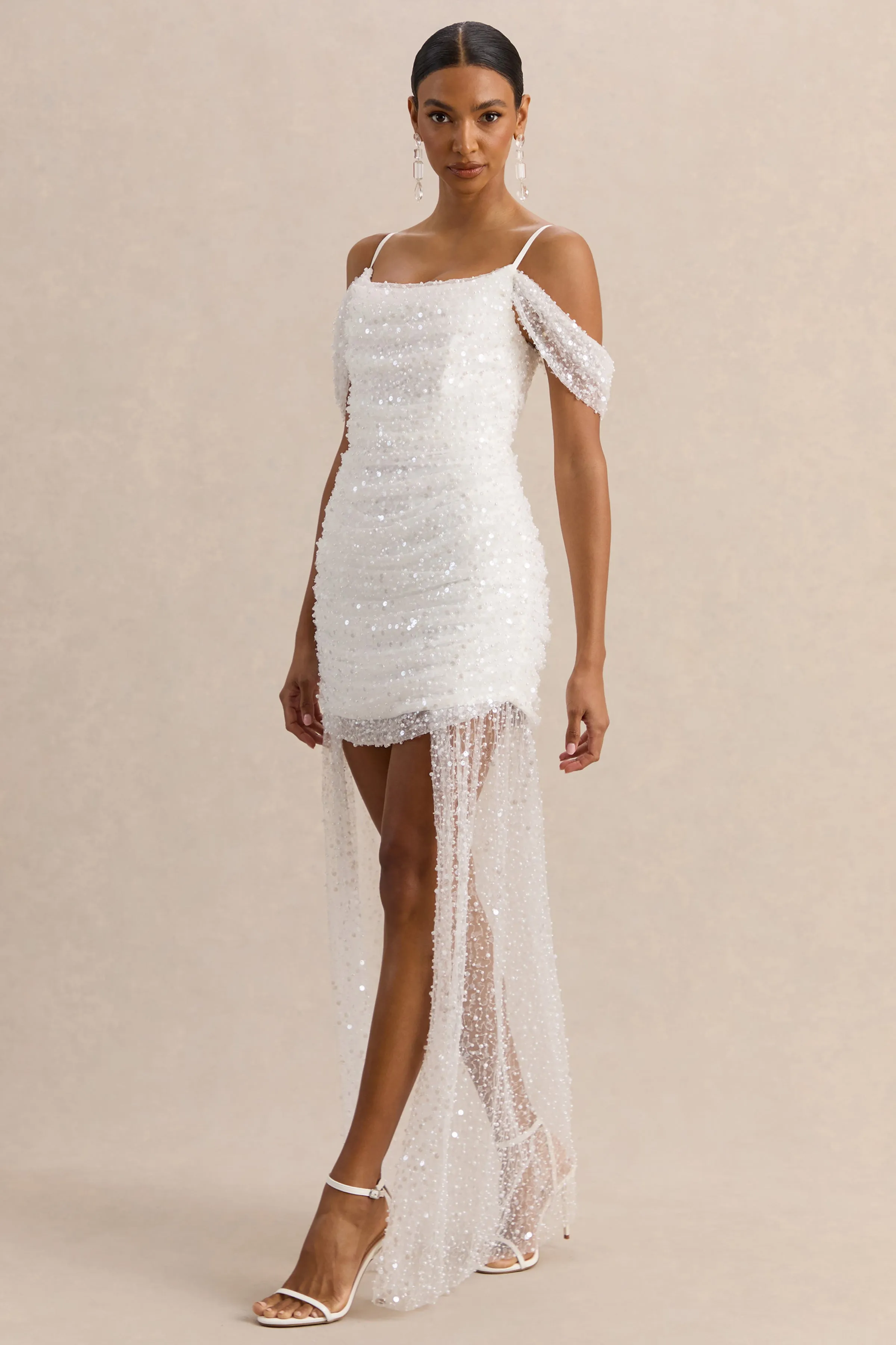 Millie | White Mesh Bardot-Neck Mini Dress With Draped Detailing sold by Club L London product image thumbnail 5
