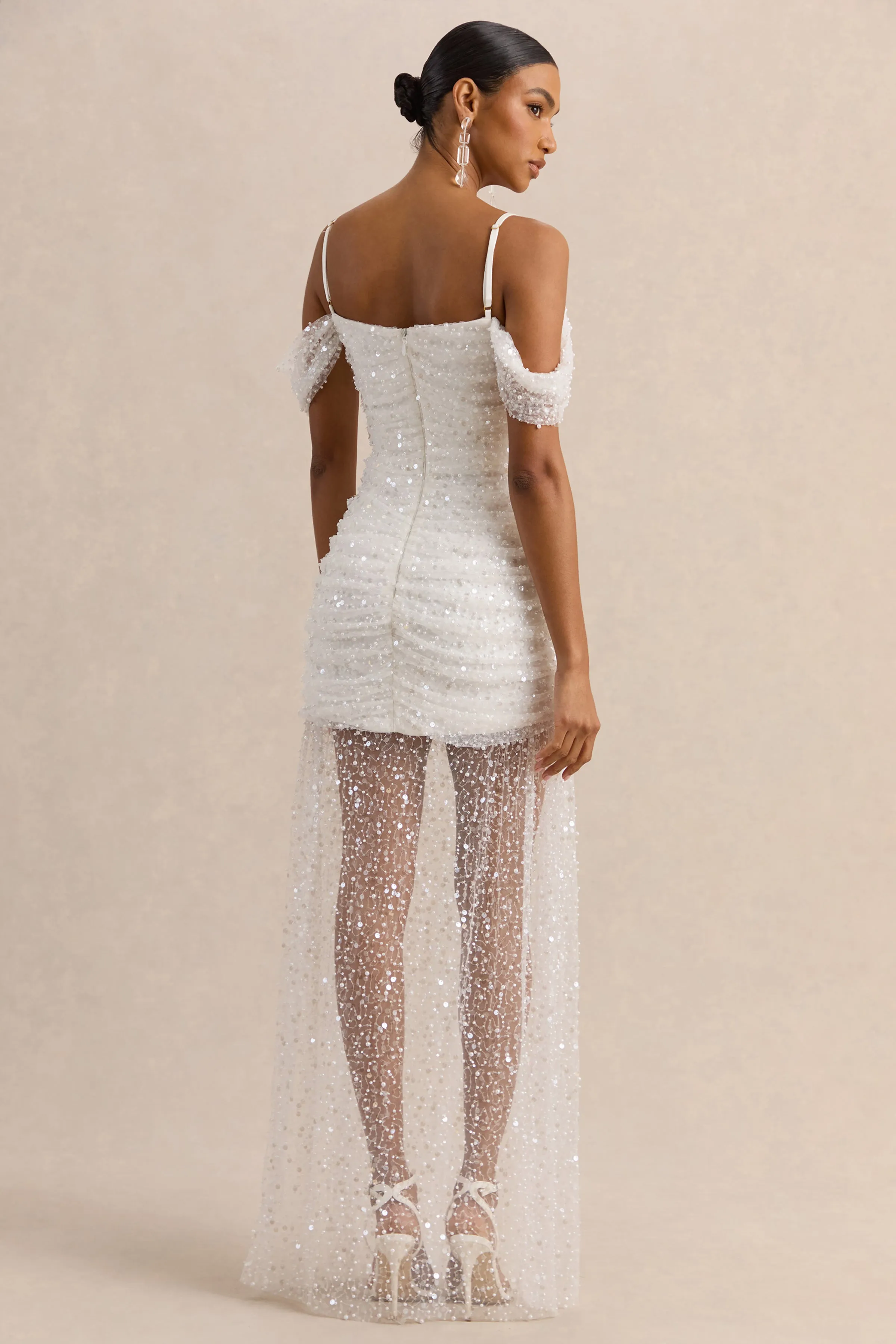 Millie | White Mesh Bardot-Neck Mini Dress With Draped Detailing sold by Club L London product image thumbnail 2