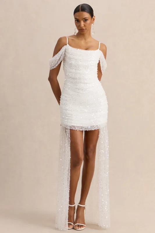 Millie | White Mesh Bardot-Neck Mini Dress With Draped Detailing made by Club L London