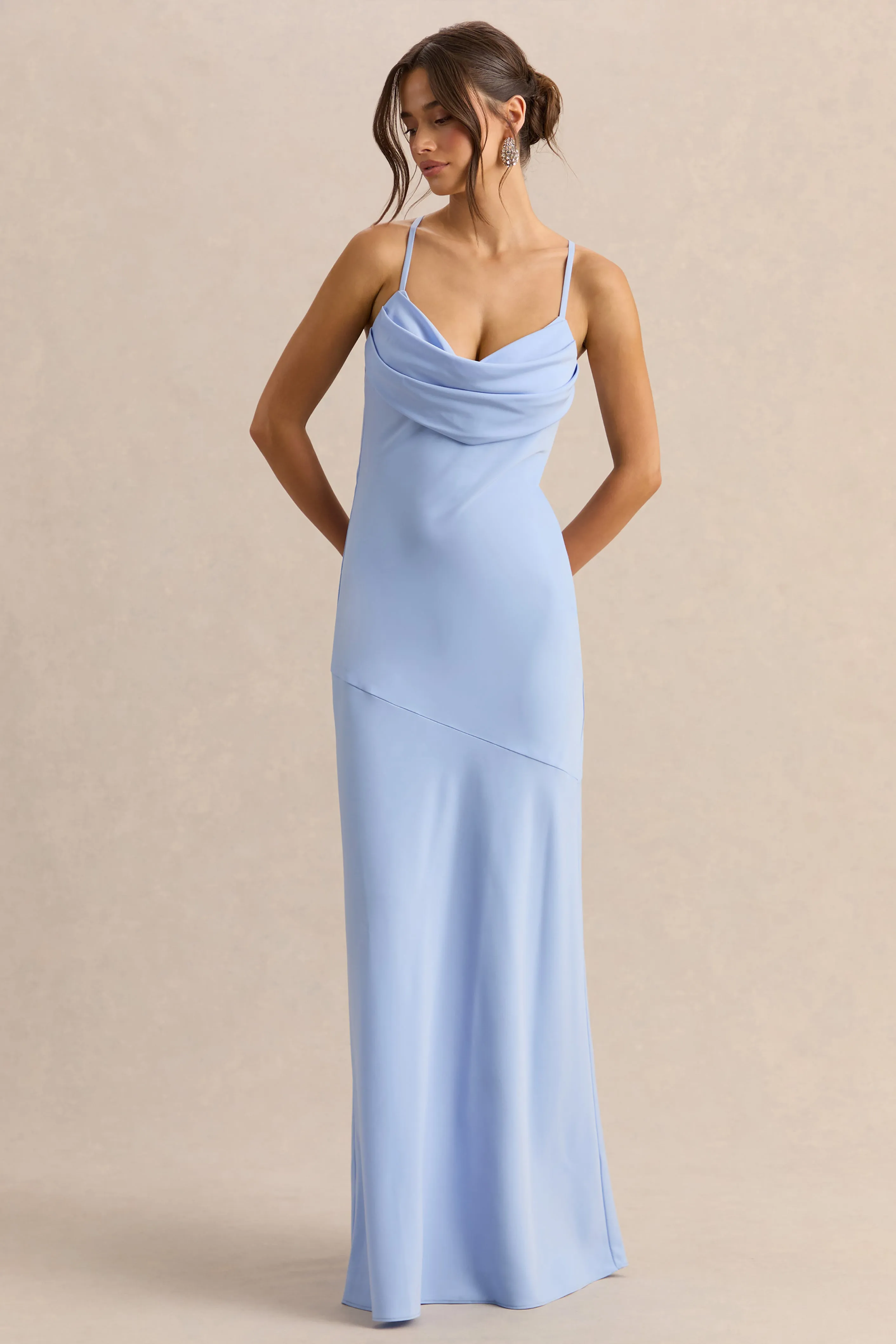 Anarelle | Powder Blue Satin Cowl-Neck Maxi Dress sold by Club L London