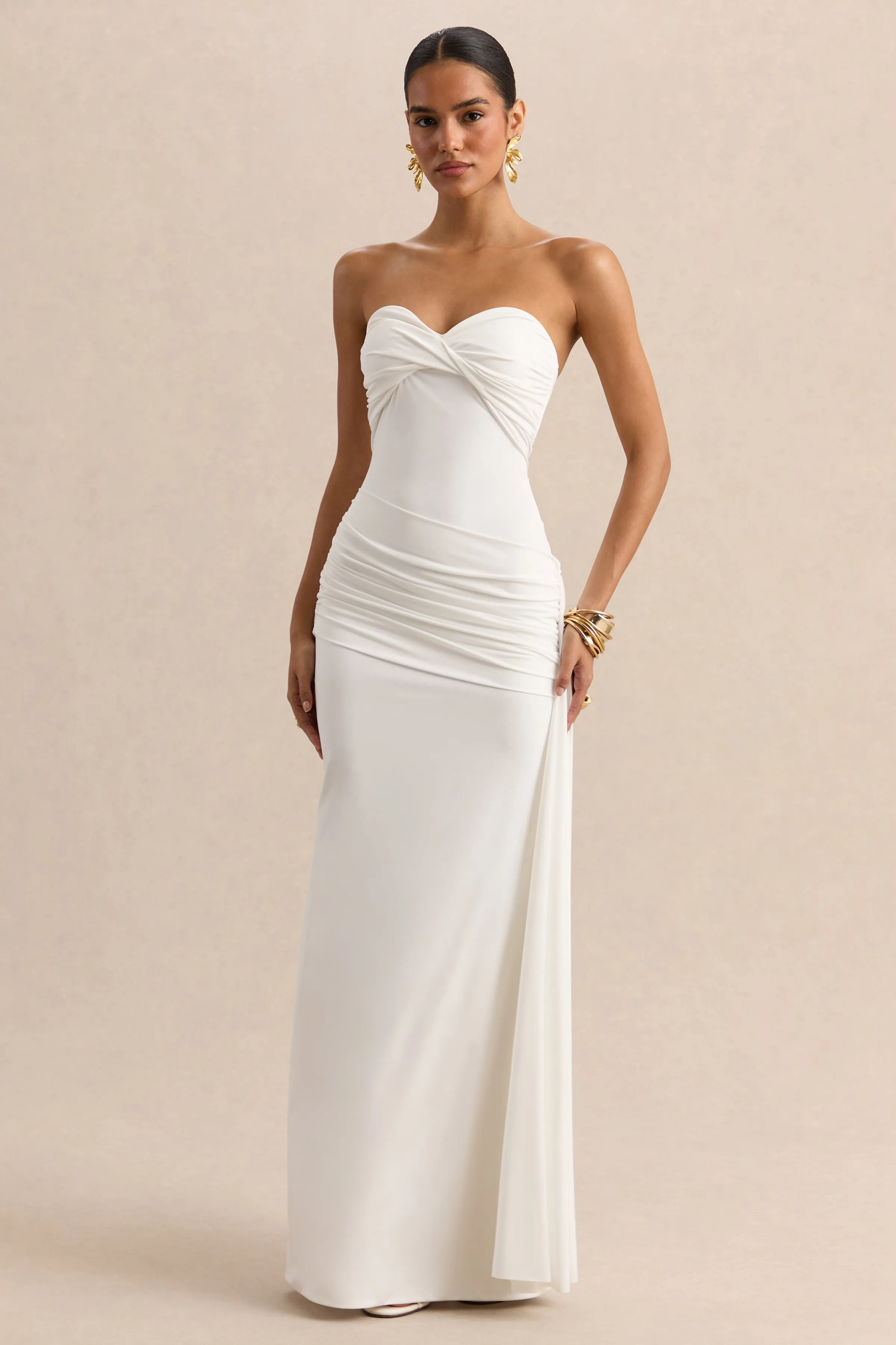 Liramine | White Bandeau Maxi-Dress With Gathered-Detailing And Sash sold by Club L London