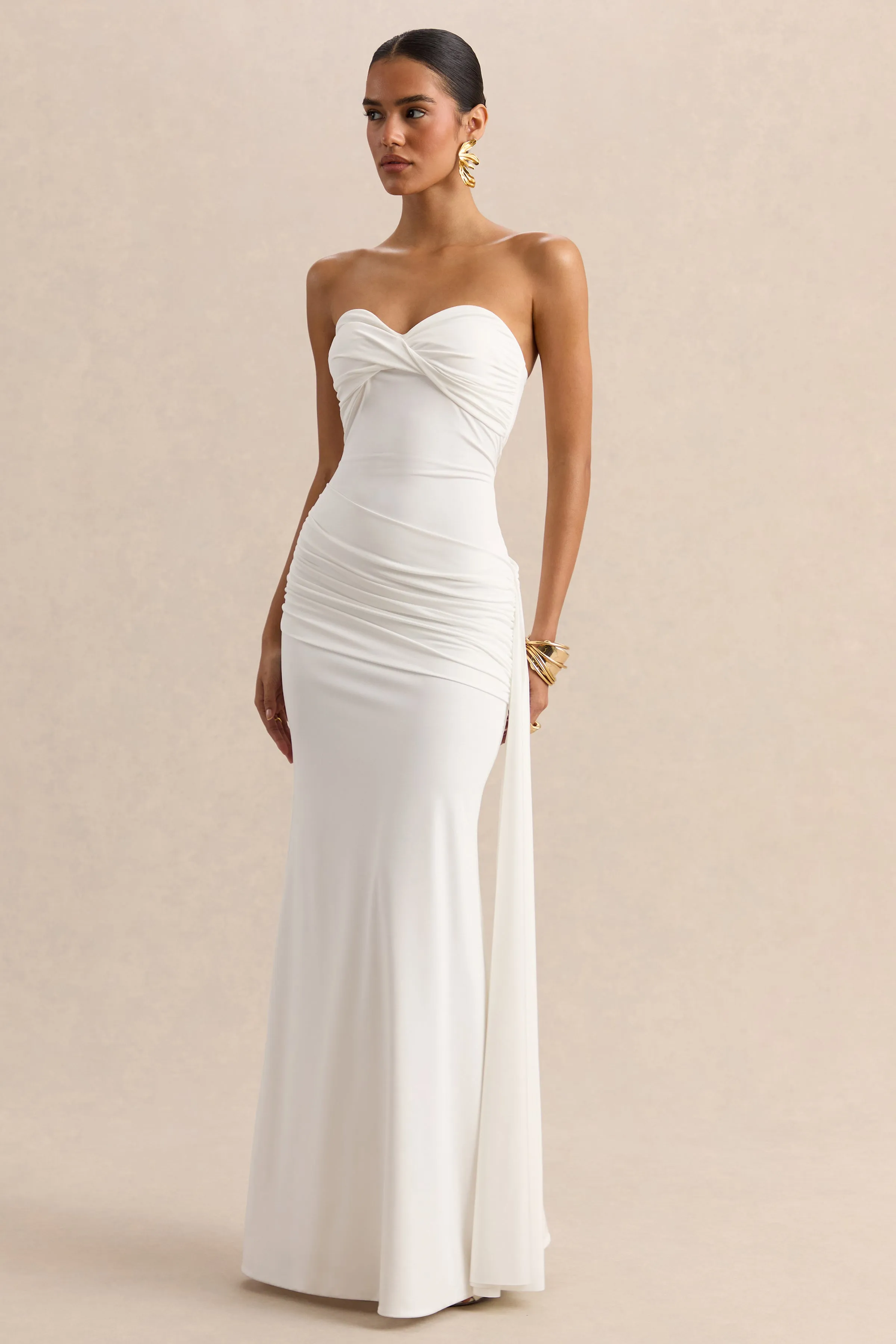 Liramine | White Bandeau Maxi-Dress With Gathered-Detailing And Sash sold by Club L London product image thumbnail 5