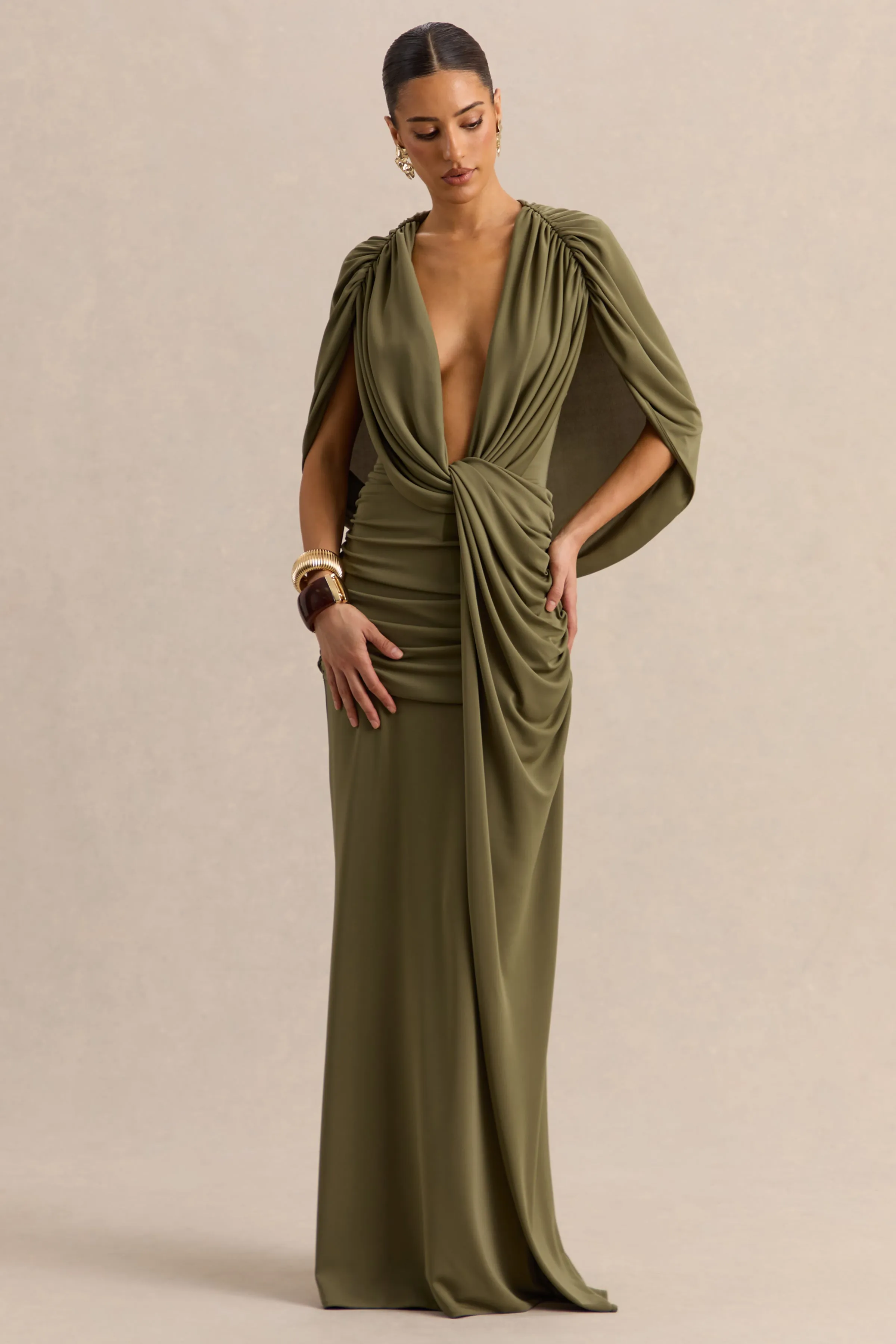 Marisea | Green Plunge-Neck Maxi Dress With Cape-Sleeves sold by Club L London product image thumbnail 4