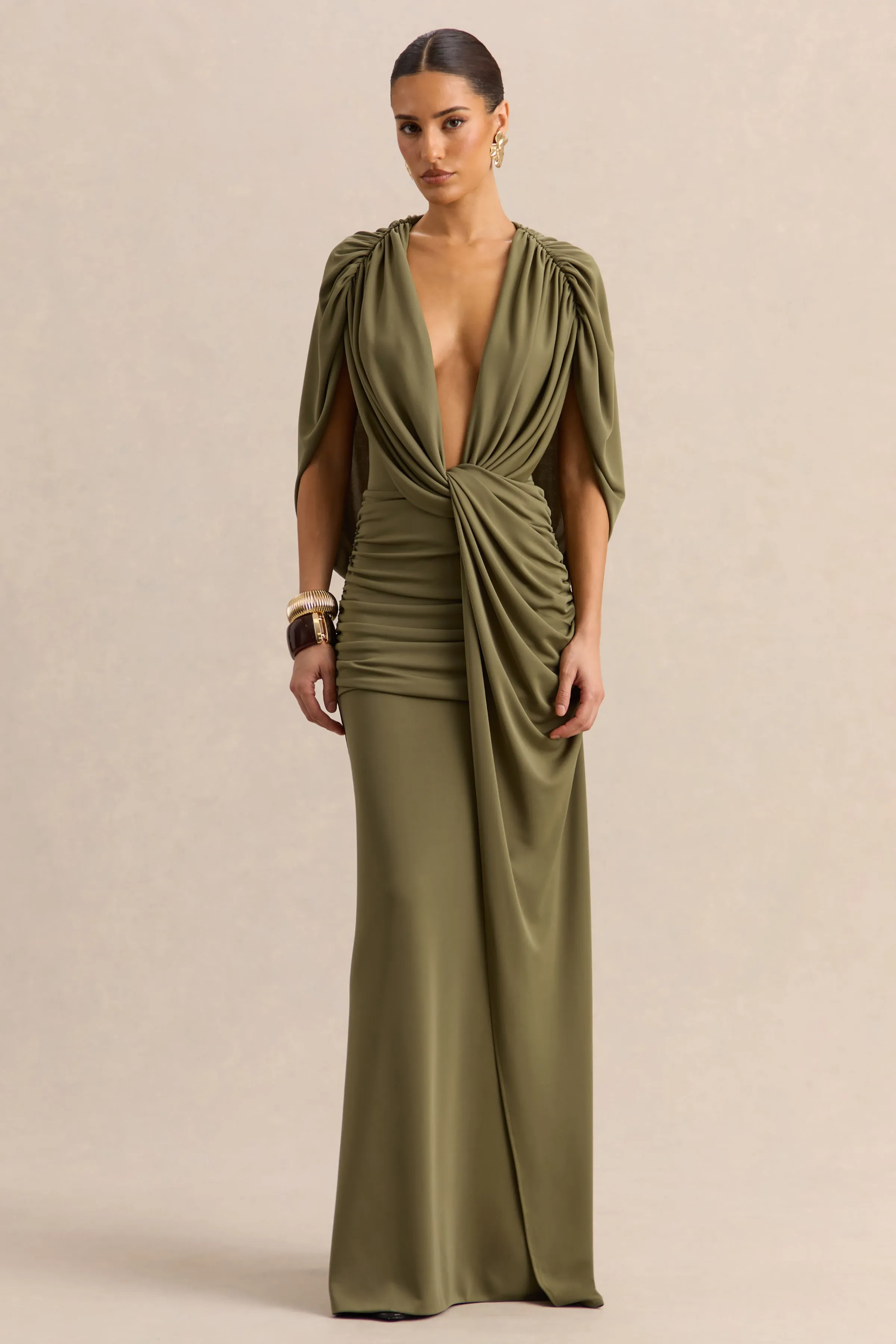 Marisea | Green Plunge-Neck Maxi Dress With Cape-Sleeves sold by Club L London