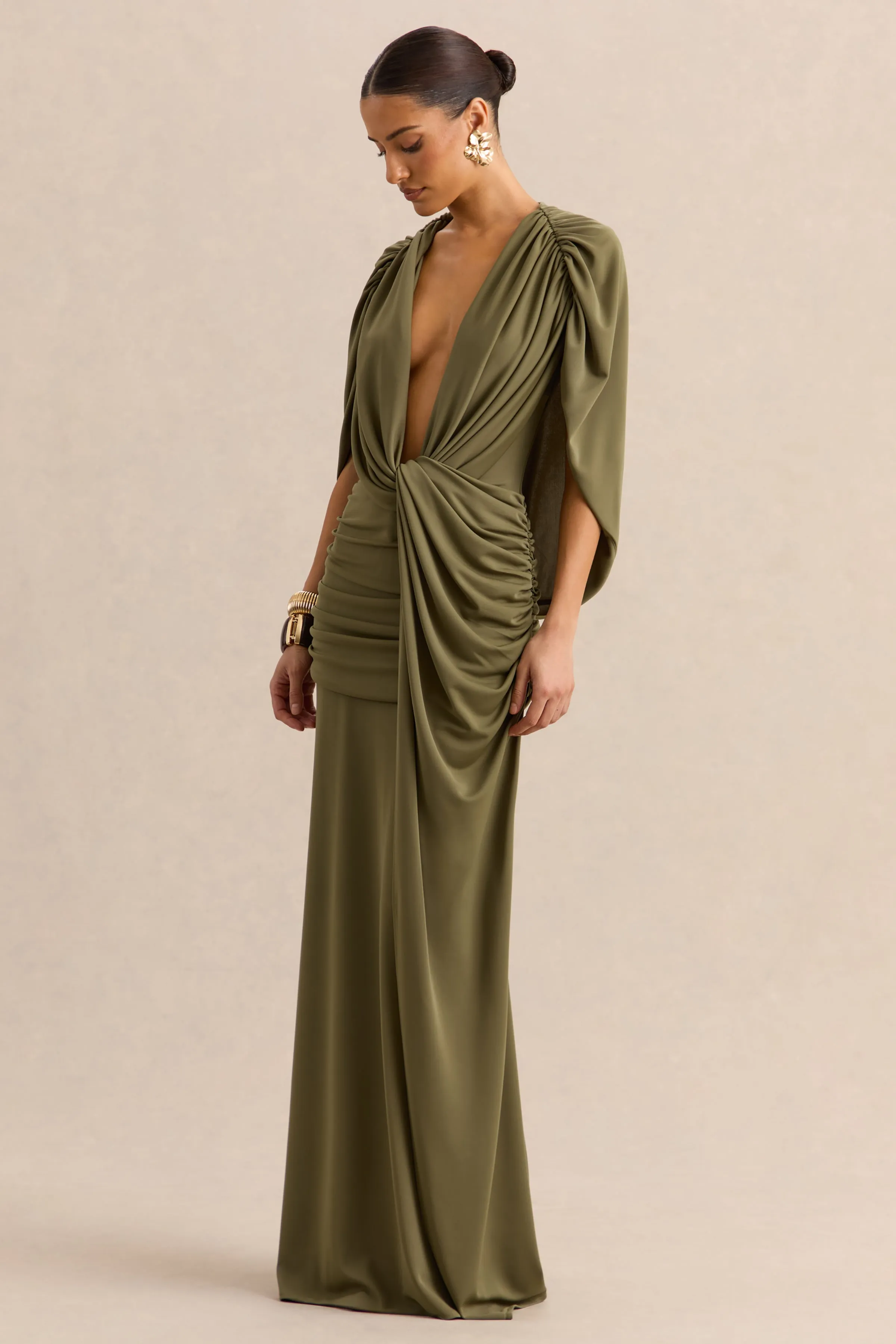 Marisea | Green Plunge-Neck Maxi Dress With Cape-Sleeves sold by Club L London product image thumbnail 5