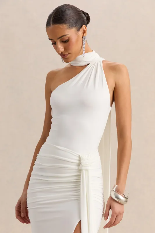 Jisella | White Asymmetric-Neck Bodysuit With Scarf made by Club L London