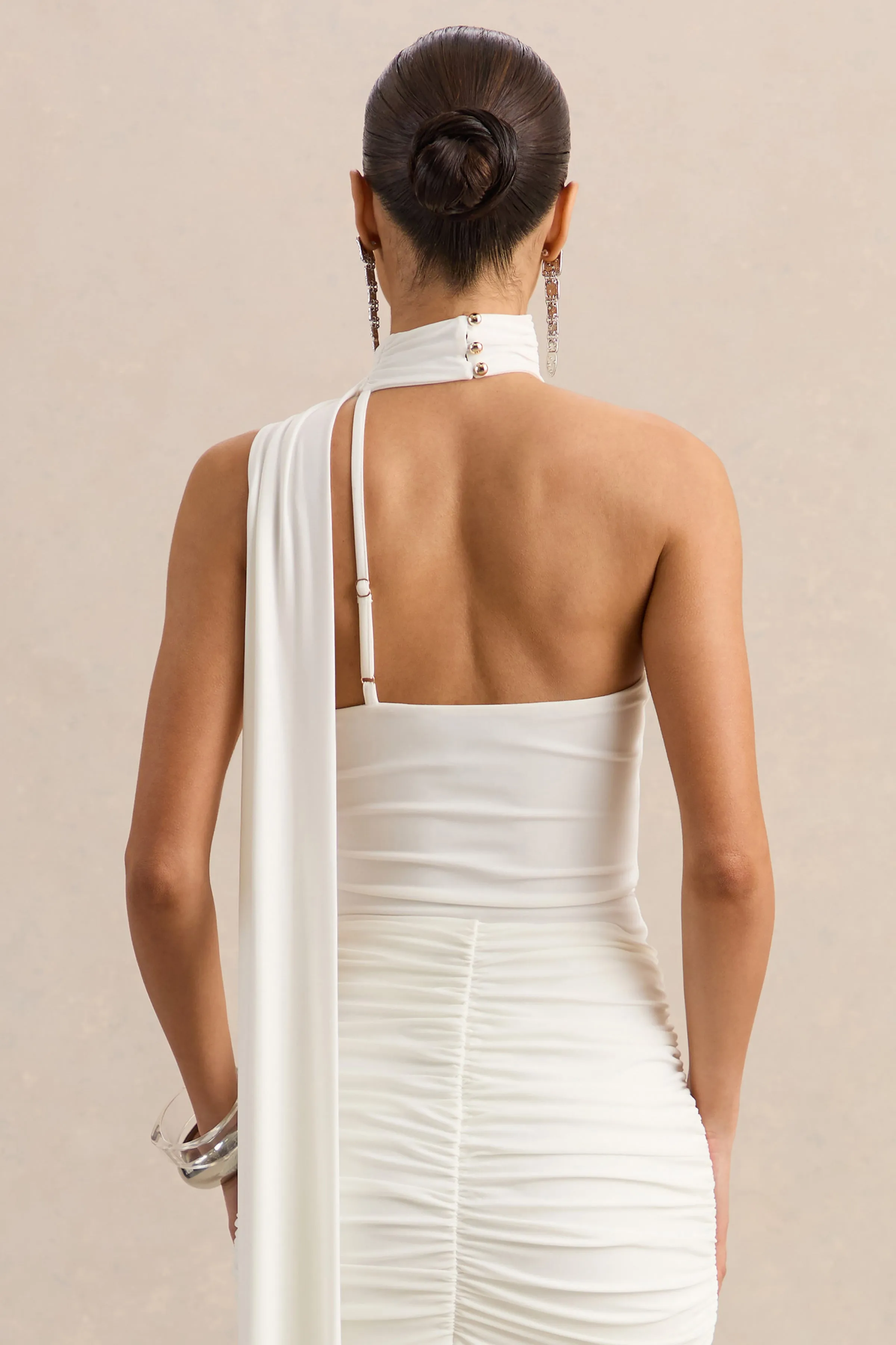 Jisella | White Asymmetric-Neck Bodysuit With Scarf sold by Club L London product image thumbnail 2