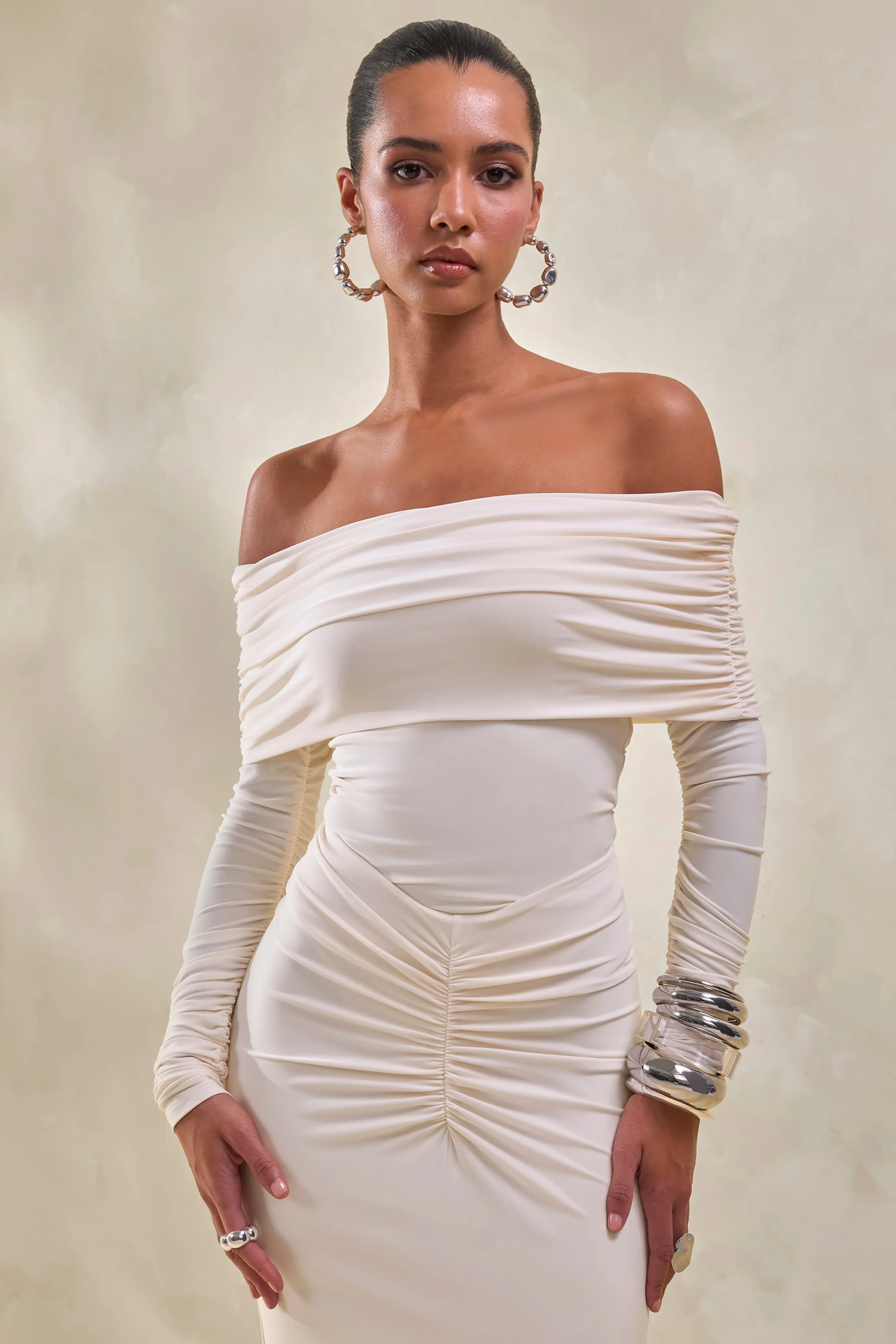 Drina | Cream Bardot Neck Bodysuit With Ruched Long Sleeves sold by Club L London product image thumbnail 5