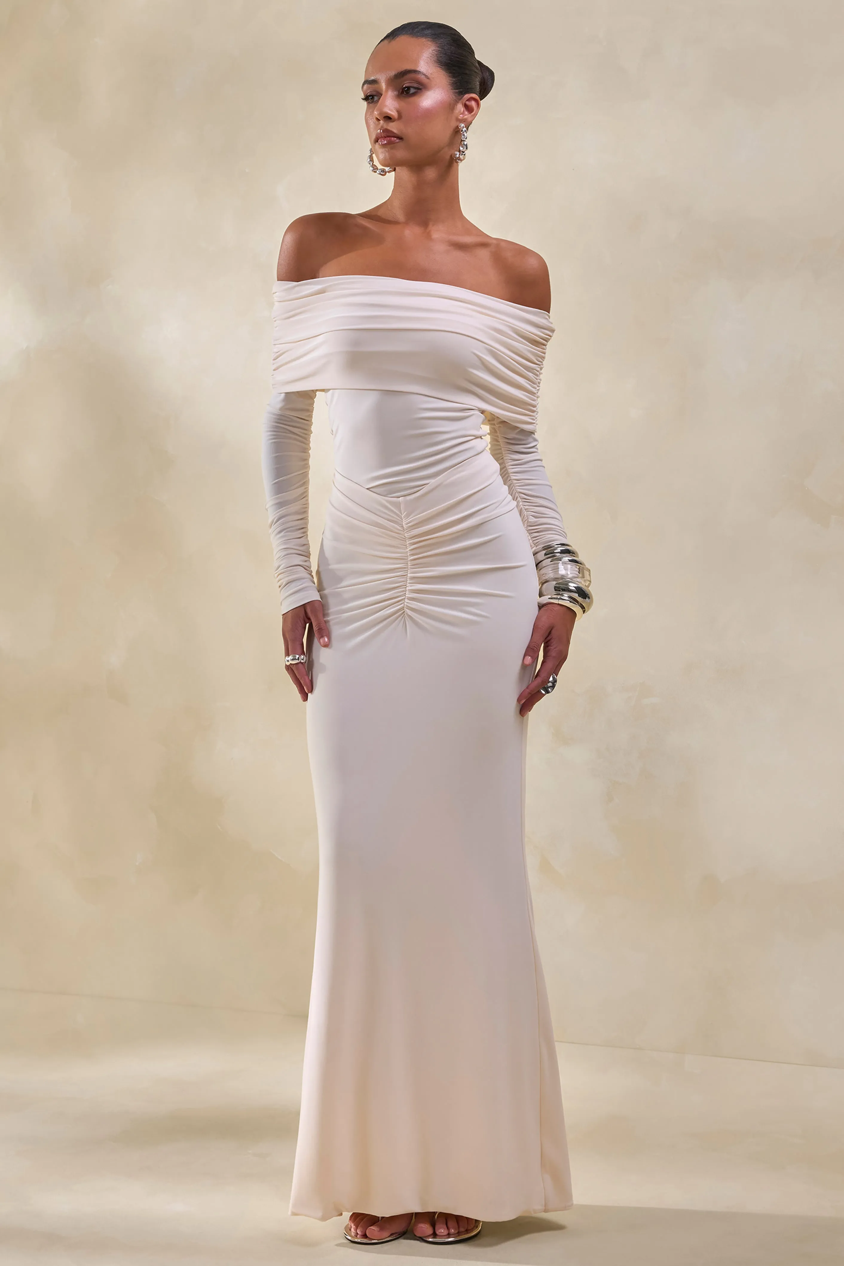Drina | Cream Bardot Neck Bodysuit With Ruched Long Sleeves sold by Club L London product image thumbnail 2