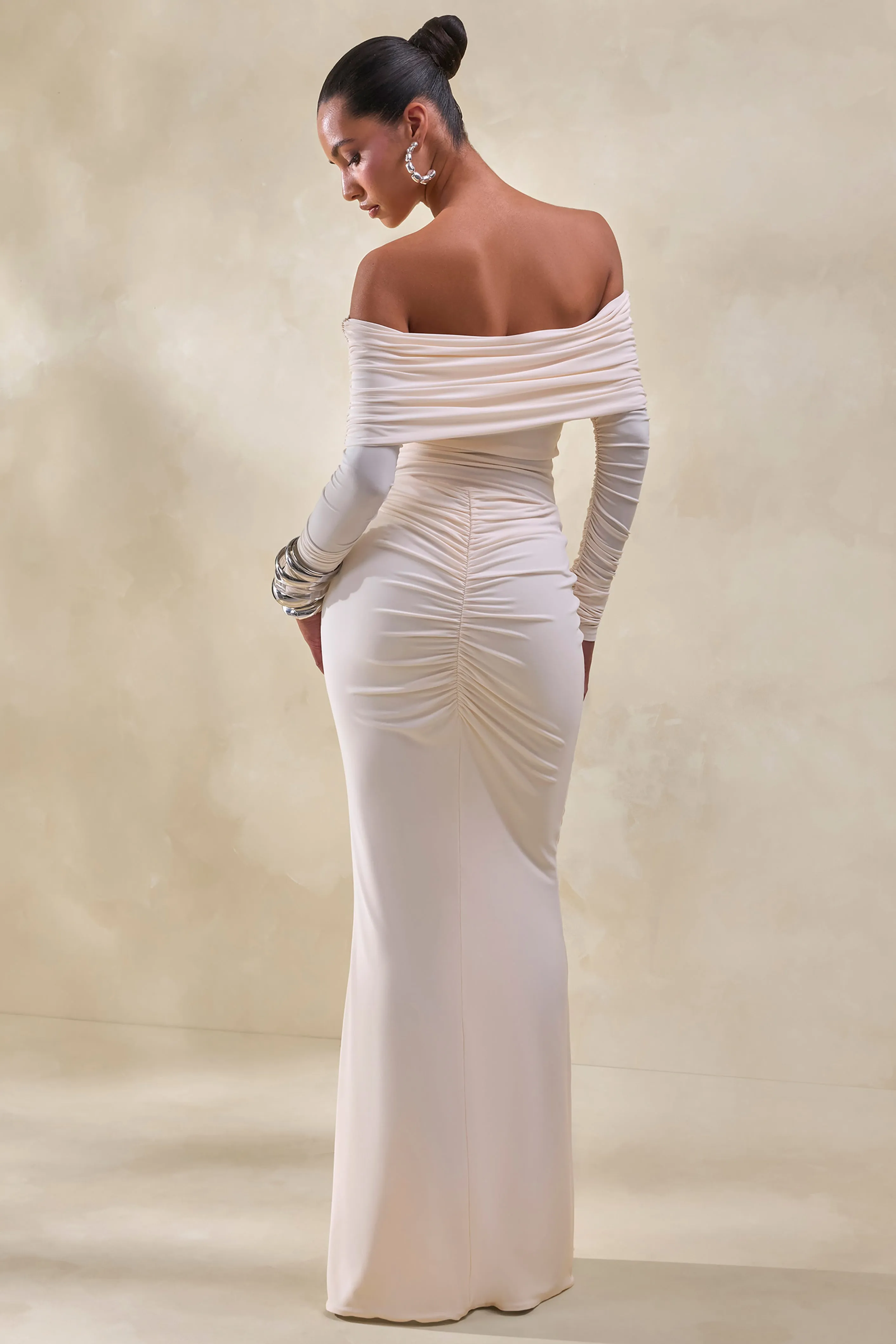 Drina | Cream Bardot Neck Bodysuit With Ruched Long Sleeves sold by Club L London product image thumbnail 3