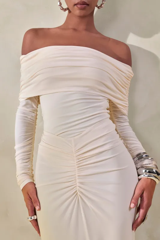 Drina | Cream Bardot Neck Bodysuit With Ruched Long Sleeves made by Club L London