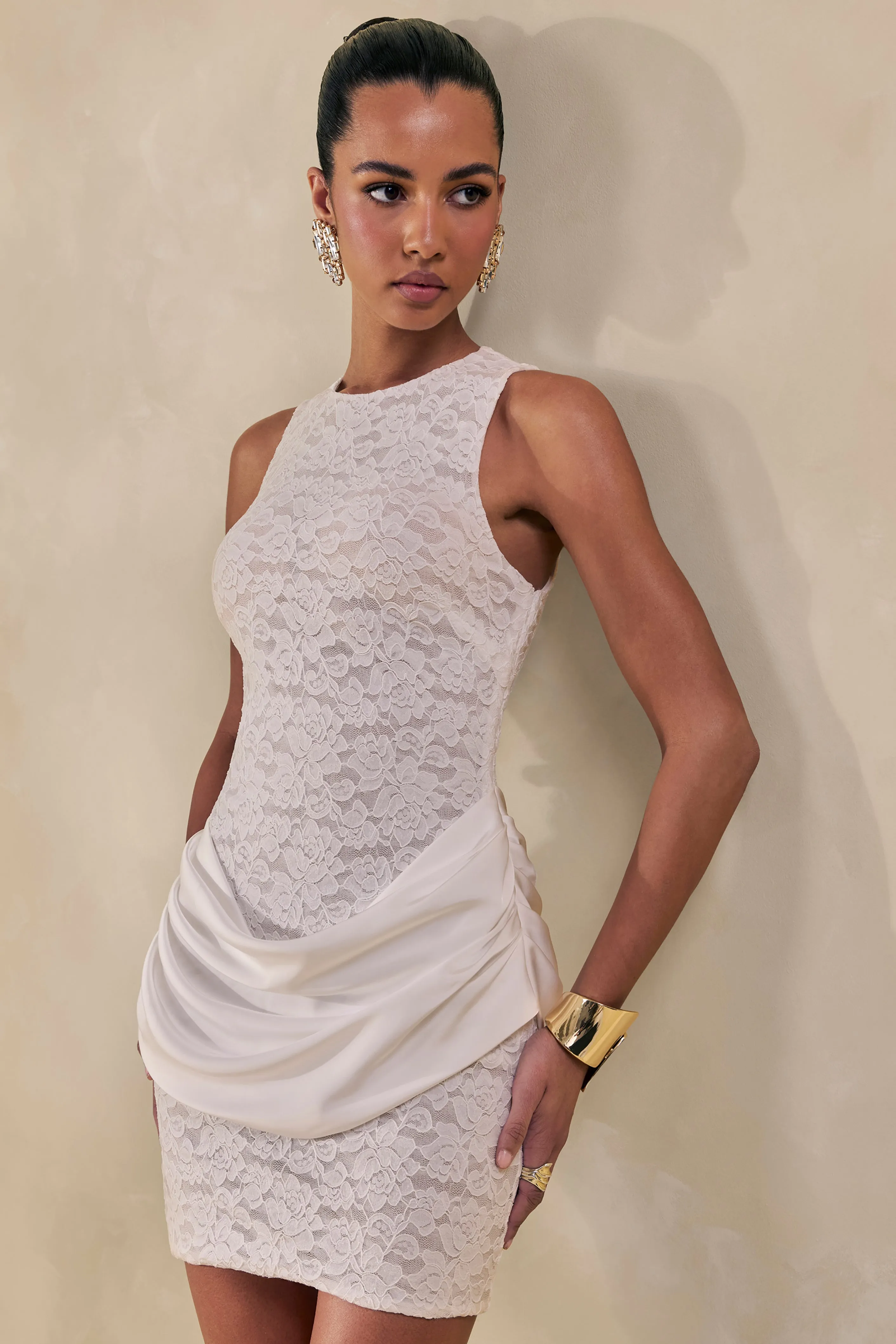 Setiana | White Lace Round-Neck Mini Dress With Draped-Detailing sold by Club L London product image thumbnail 3