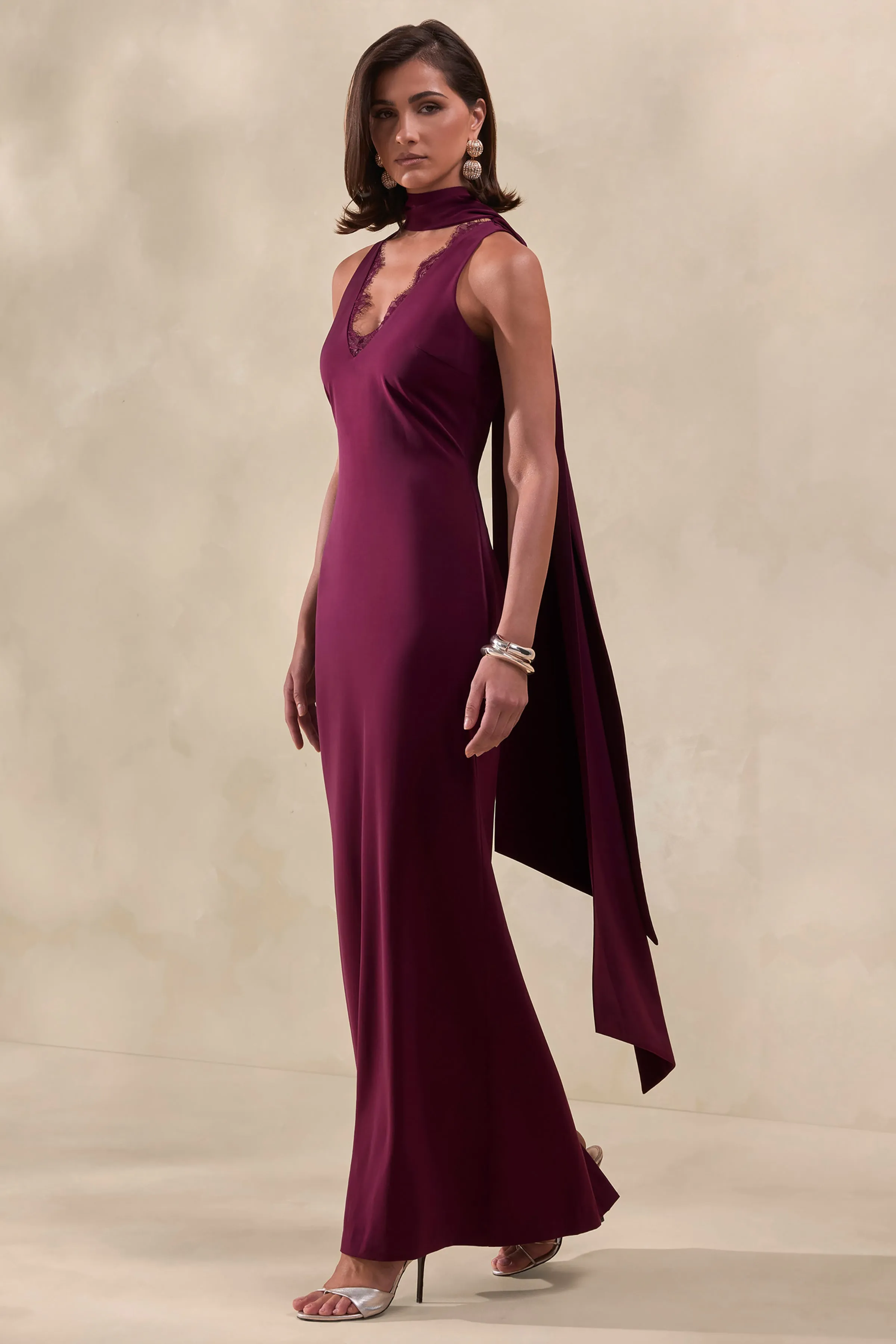 True Icon | Burgundy Satin High-Neck Maxi Slip Dress With Sash sold by Club L London product image thumbnail 4