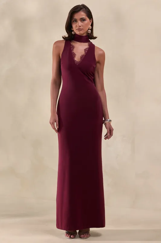 True Icon | Burgundy Satin High-Neck Maxi Slip Dress With Sash made by Club L London