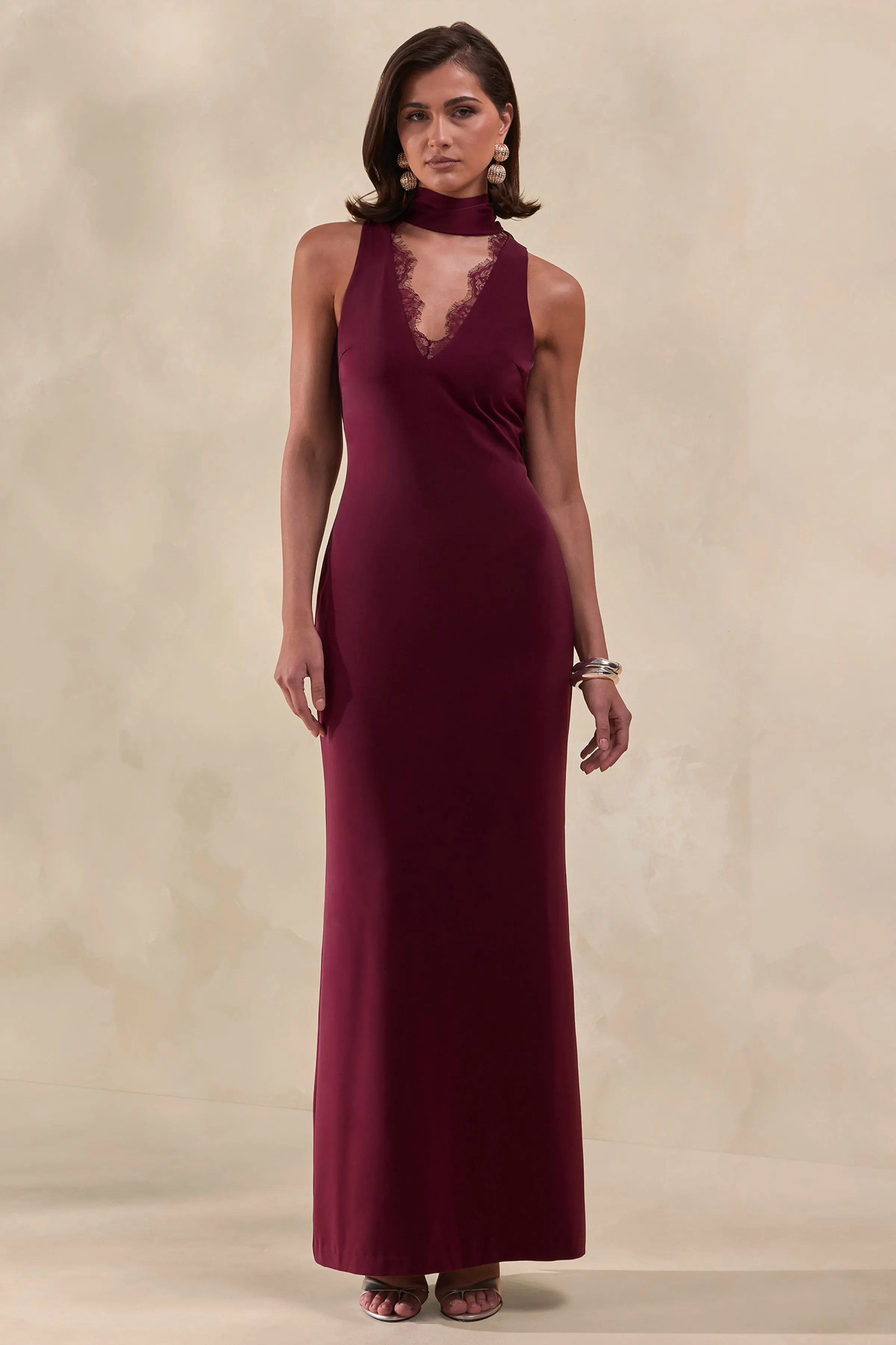 True Icon | Burgundy Satin High-Neck Maxi Slip Dress With Sash sold by Club L London