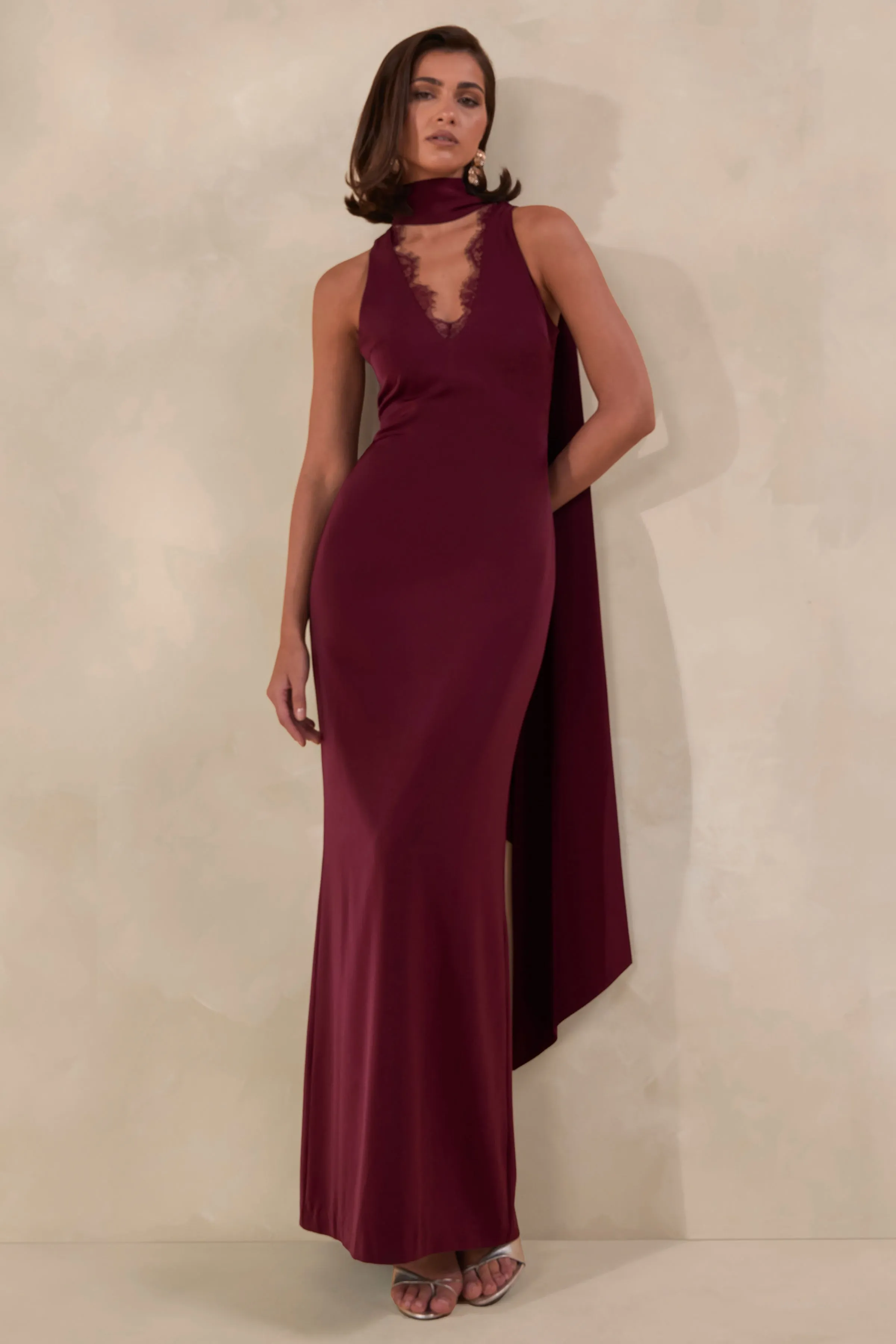 True Icon | Burgundy Satin High-Neck Maxi Slip Dress With Sash sold by Club L London product image thumbnail 5