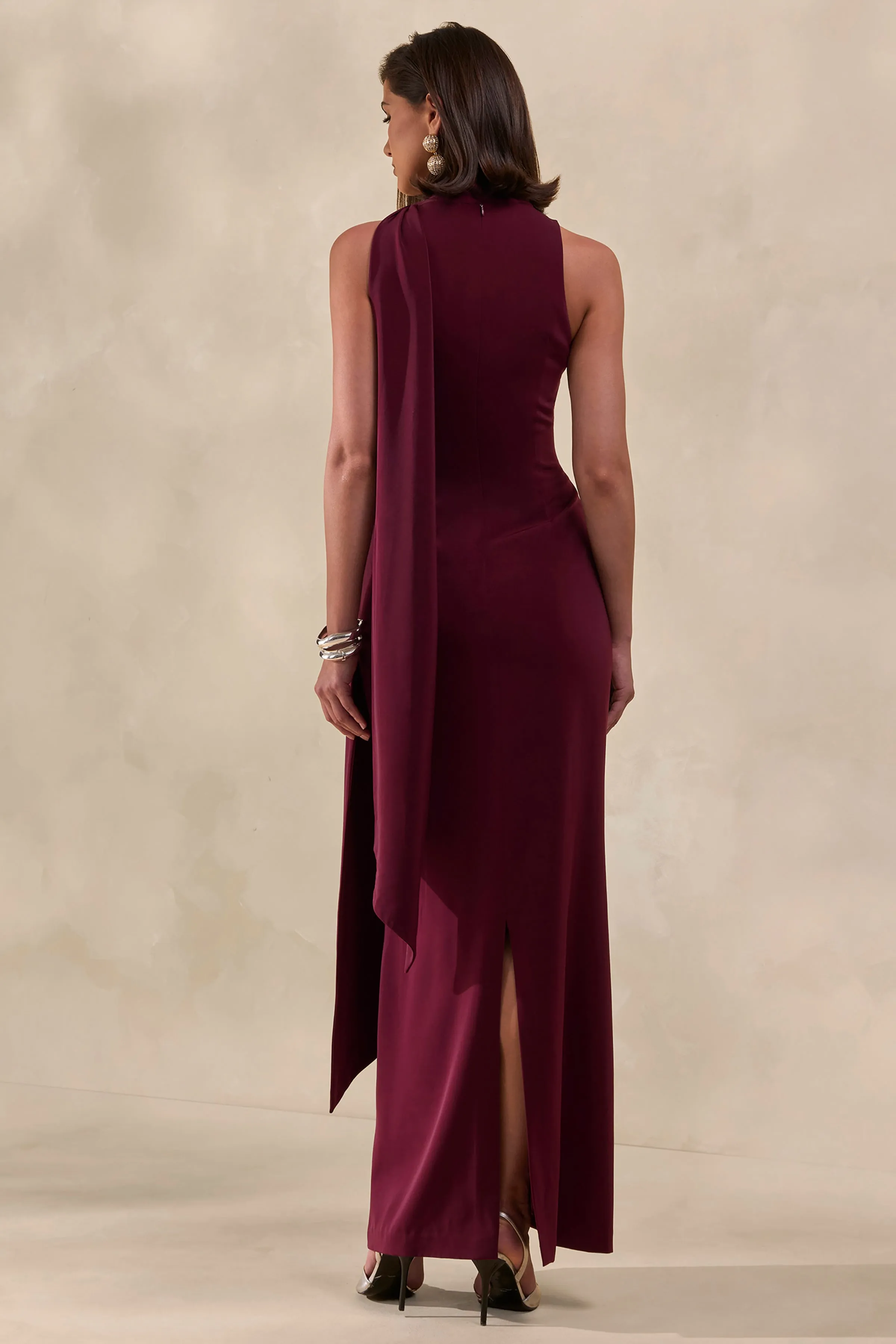 True Icon | Burgundy Satin High-Neck Maxi Slip Dress With Sash sold by Club L London product image thumbnail 2