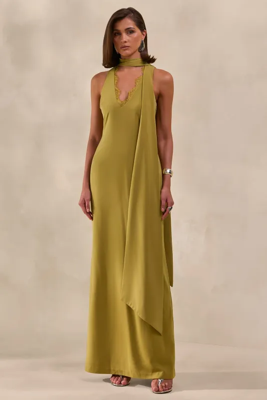True Icon | Olive Satin High-Neck Maxi Slip Dress With Sash made by Club L London