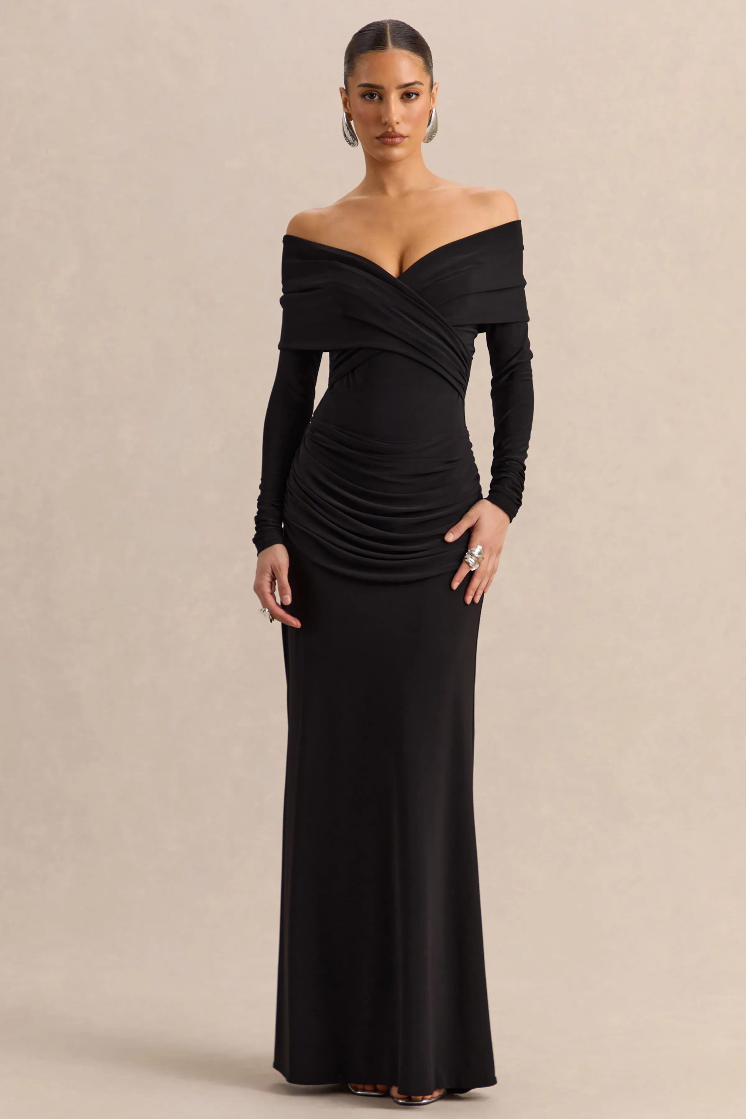 Kaelis | Black Bardot-Neck Thong Bodysuit With Long-Sleeves sold by Club L London product image thumbnail 3