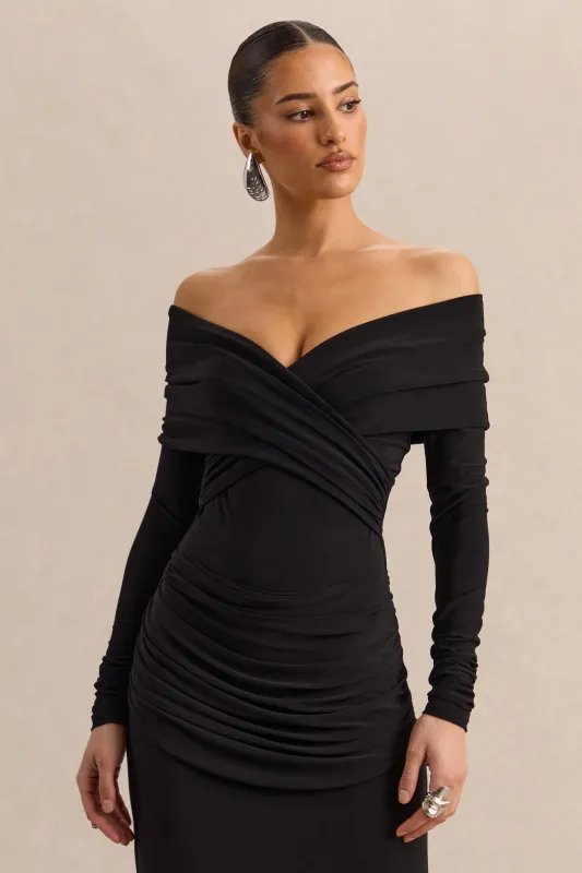 Kaelis | Black Bardot-Neck Thong Bodysuit With Long-Sleeves made by Club L London
