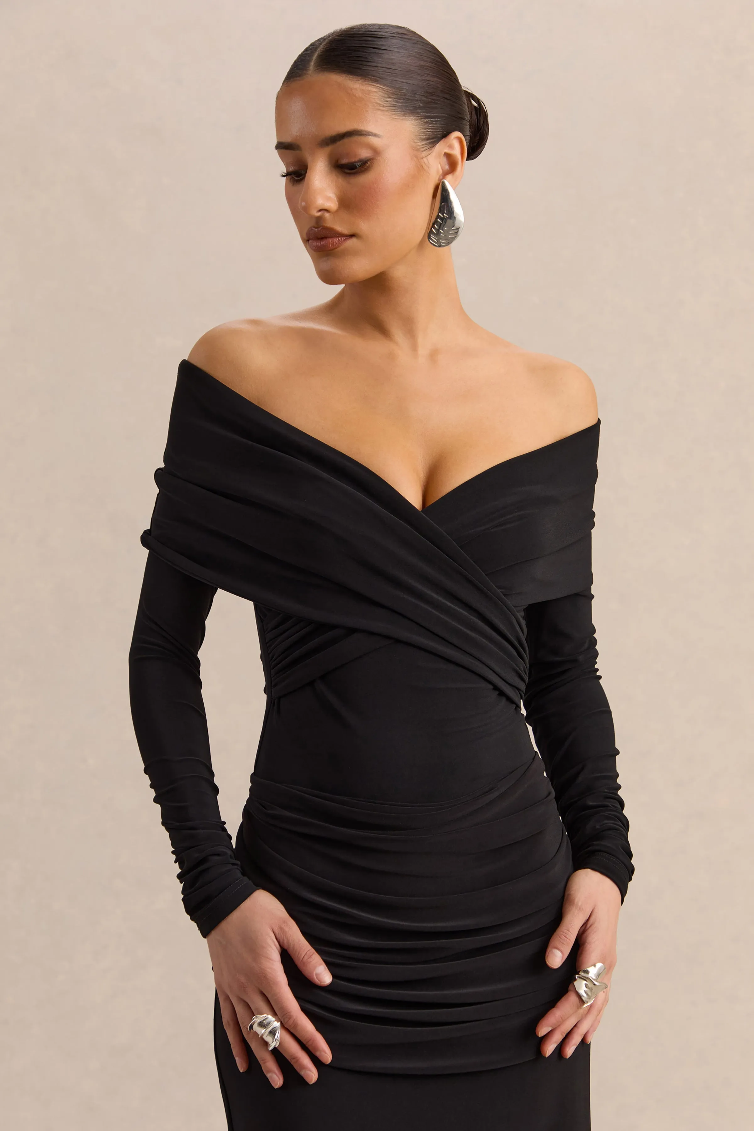 Kaelis | Black Bardot-Neck Thong Bodysuit With Long-Sleeves sold by Club L London product image thumbnail 5