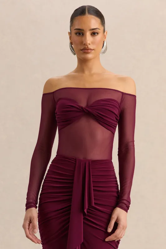 Maira | Burgundy Mesh Bardot-Neck Thong Bodysuit made by Club L London
