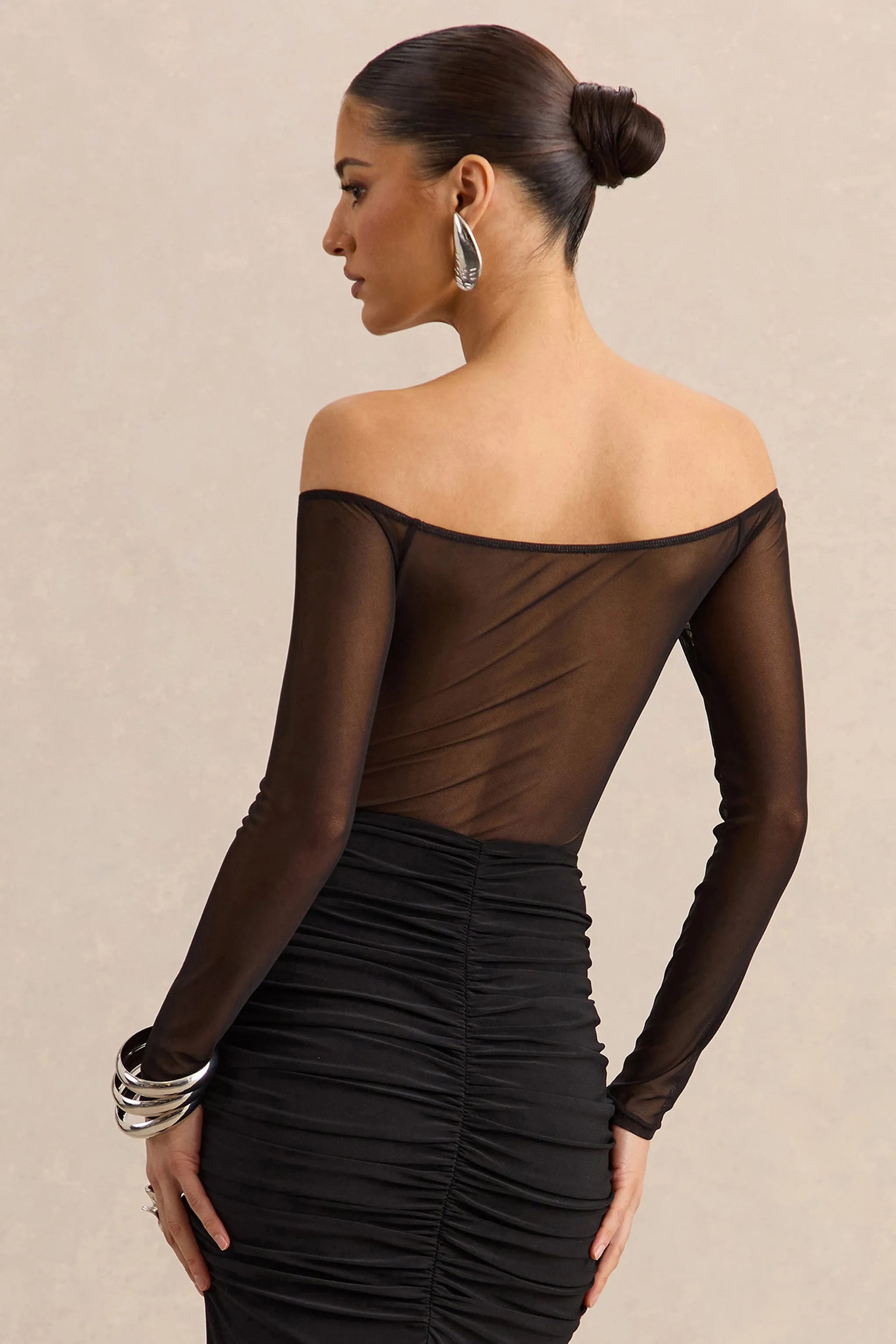 Maira | Black Mesh Bardot-Neck Thong Bodysuit sold by Club L London product image thumbnail 2
