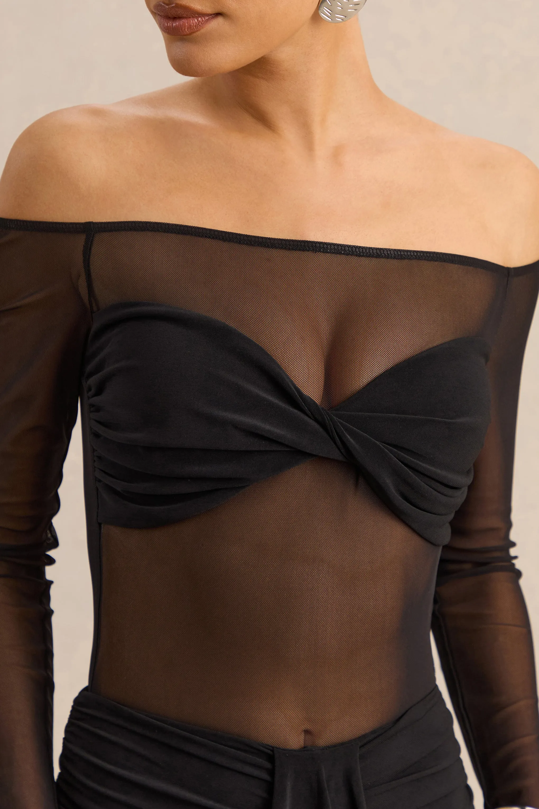 Maira | Black Mesh Bardot-Neck Thong Bodysuit sold by Club L London product image thumbnail 3