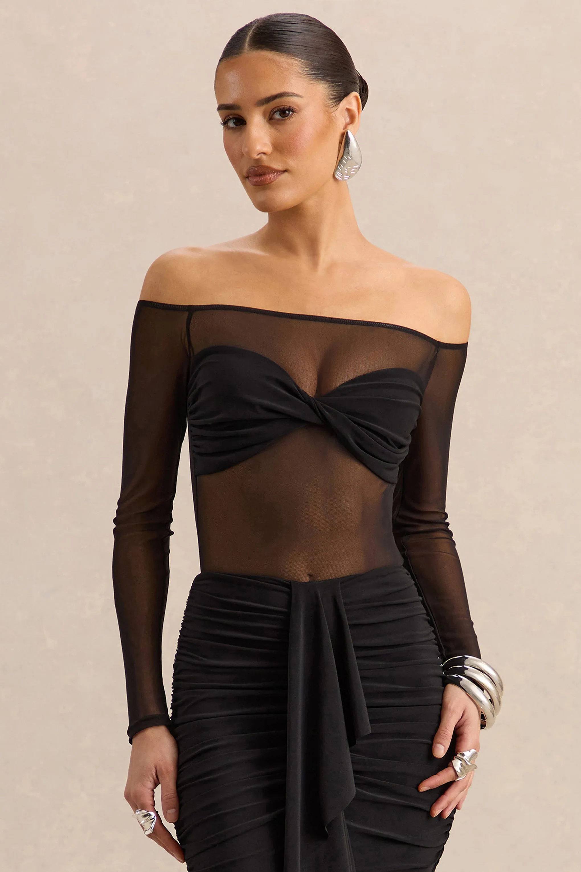 Maira | Black Mesh Bardot-Neck Thong Bodysuit sold by Club L London
