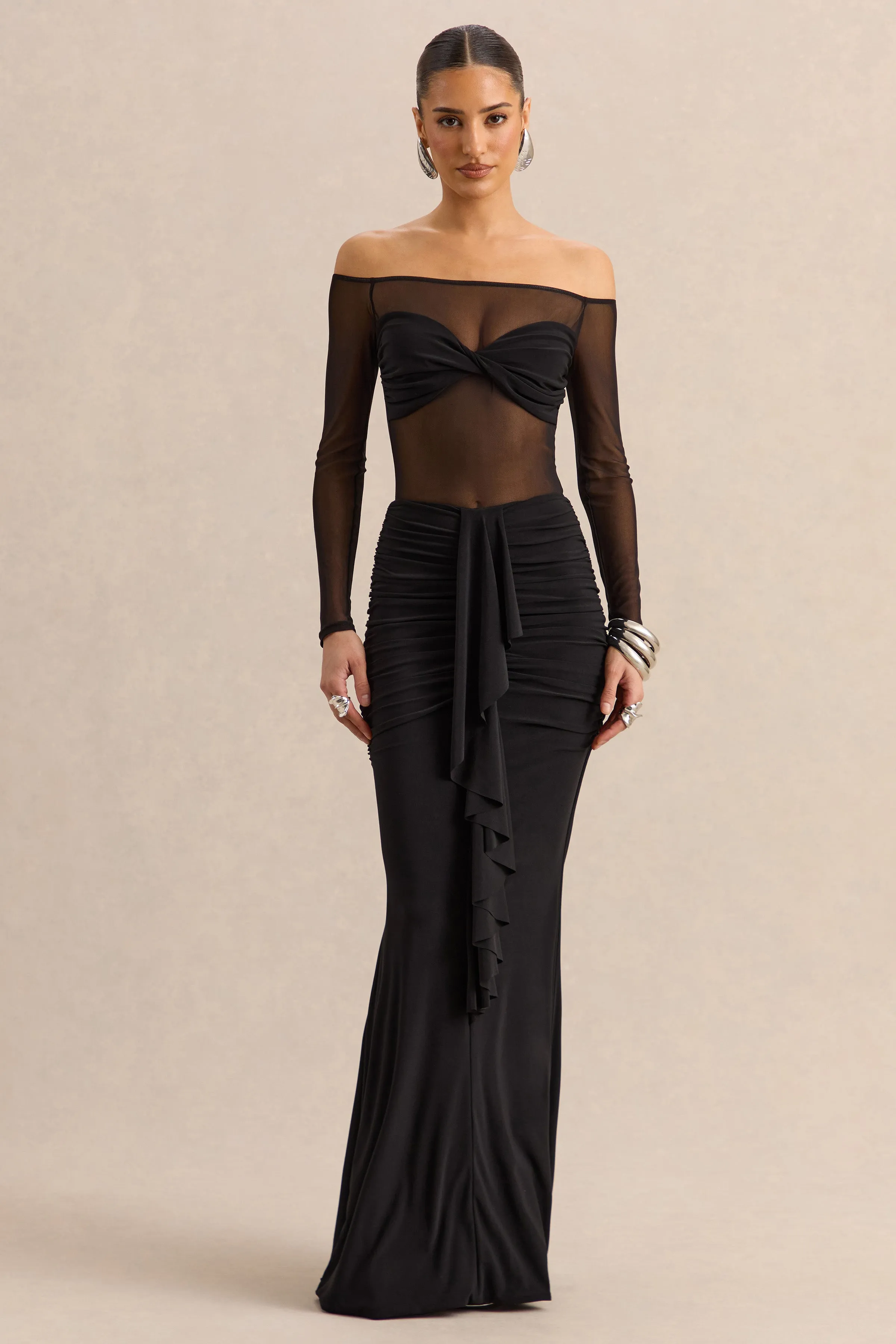 Maira | Black Mesh Bardot-Neck Thong Bodysuit sold by Club L London product image thumbnail 4