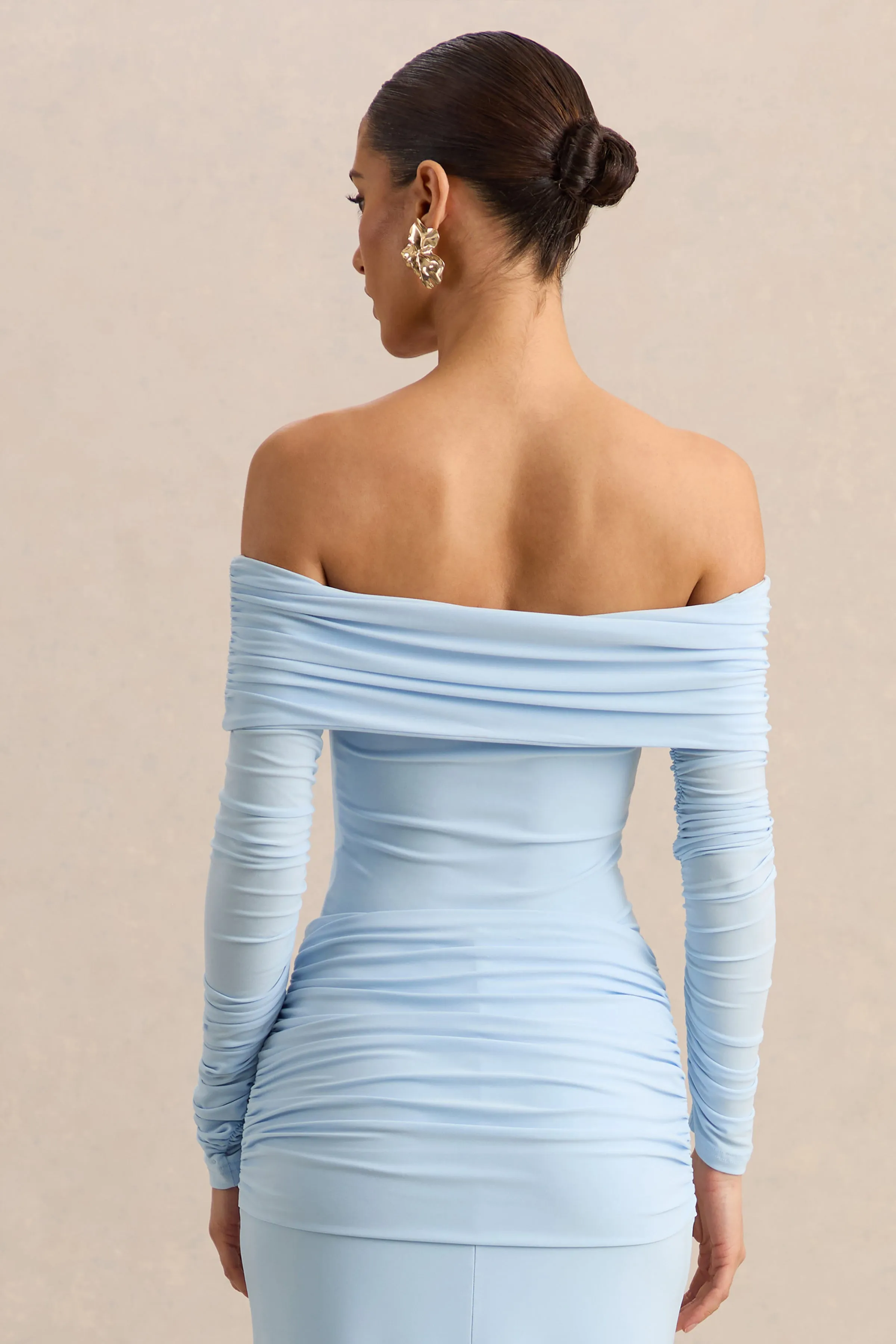 Helia | Blue Bardot Neck Thong Bodysuit With Ruched Long Sleeves sold by Club L London product image thumbnail 2