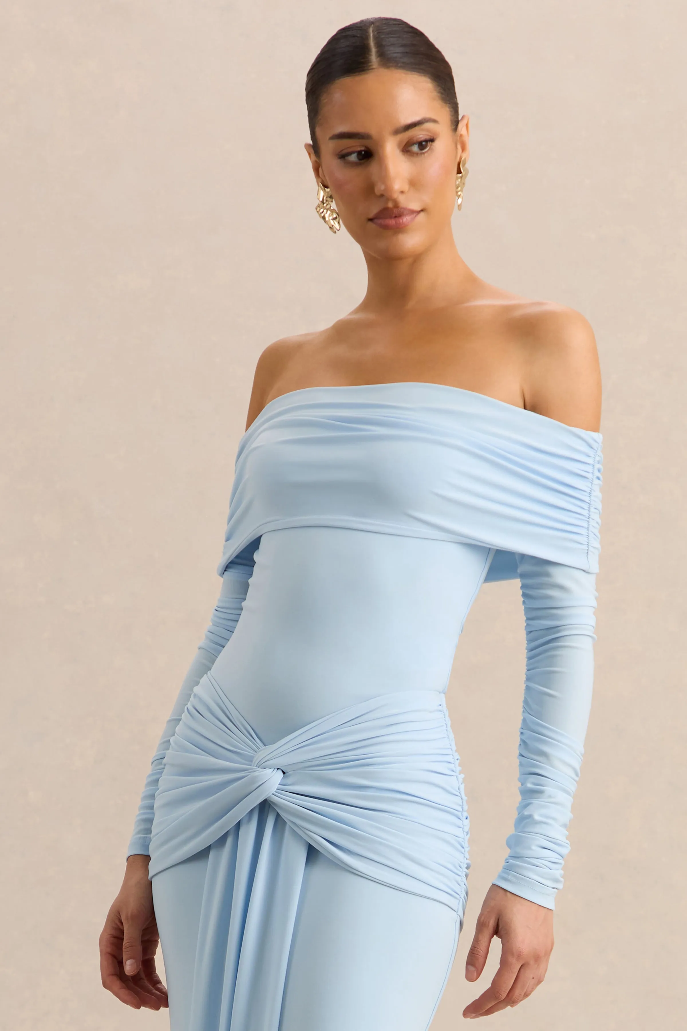 Helia | Blue Bardot Neck Thong Bodysuit With Ruched Long Sleeves sold by Club L London product image thumbnail 4