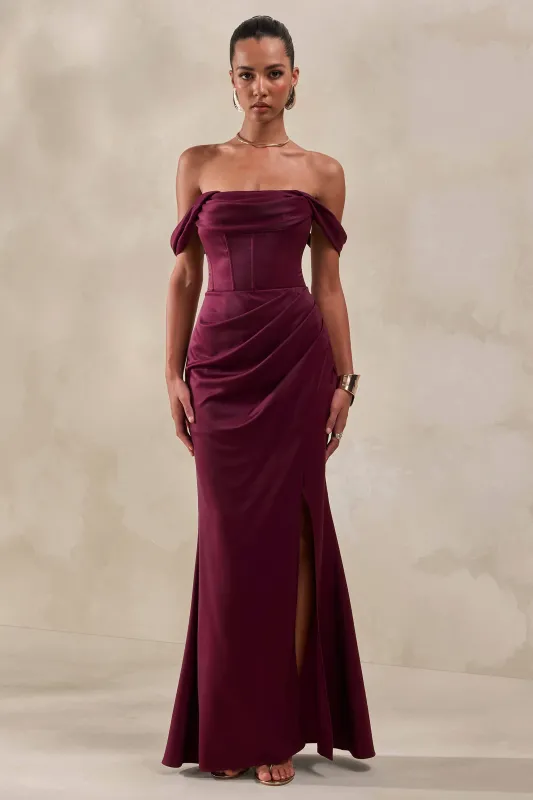 Celinea | Burgundy Satin Bardot-Neck Maxi Dress With Front-High Split made by Club L London