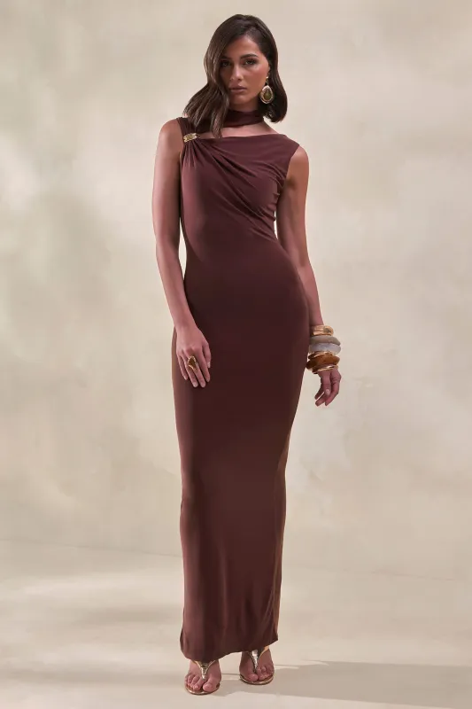 Cyrilla | Brown High-Neck Maxi Dress With Gold-Detail made by Club L London