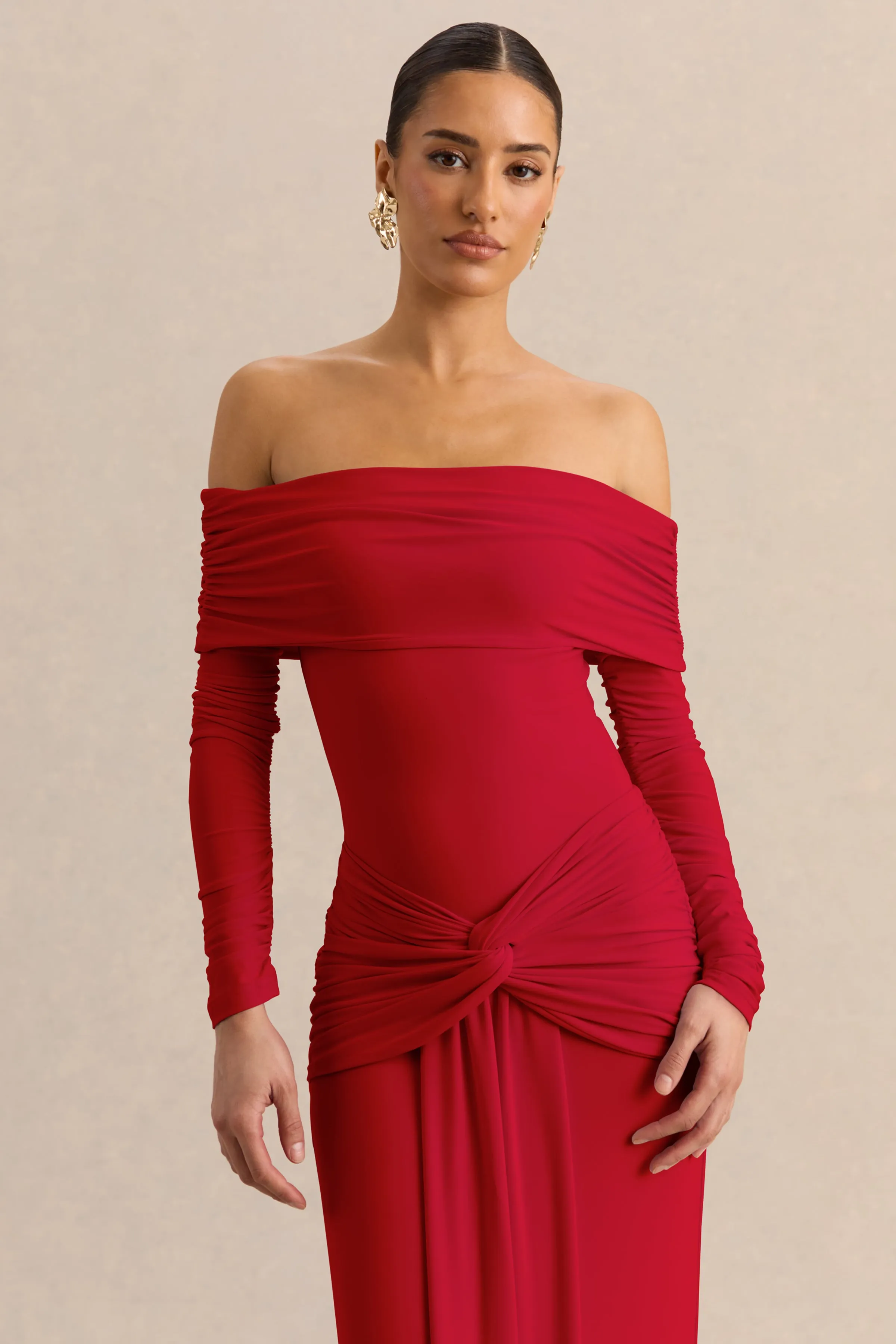 Helia | Red Bardot Neck Thong Bodysuit With Ruched Long Sleeves sold by Club L London product image thumbnail 5