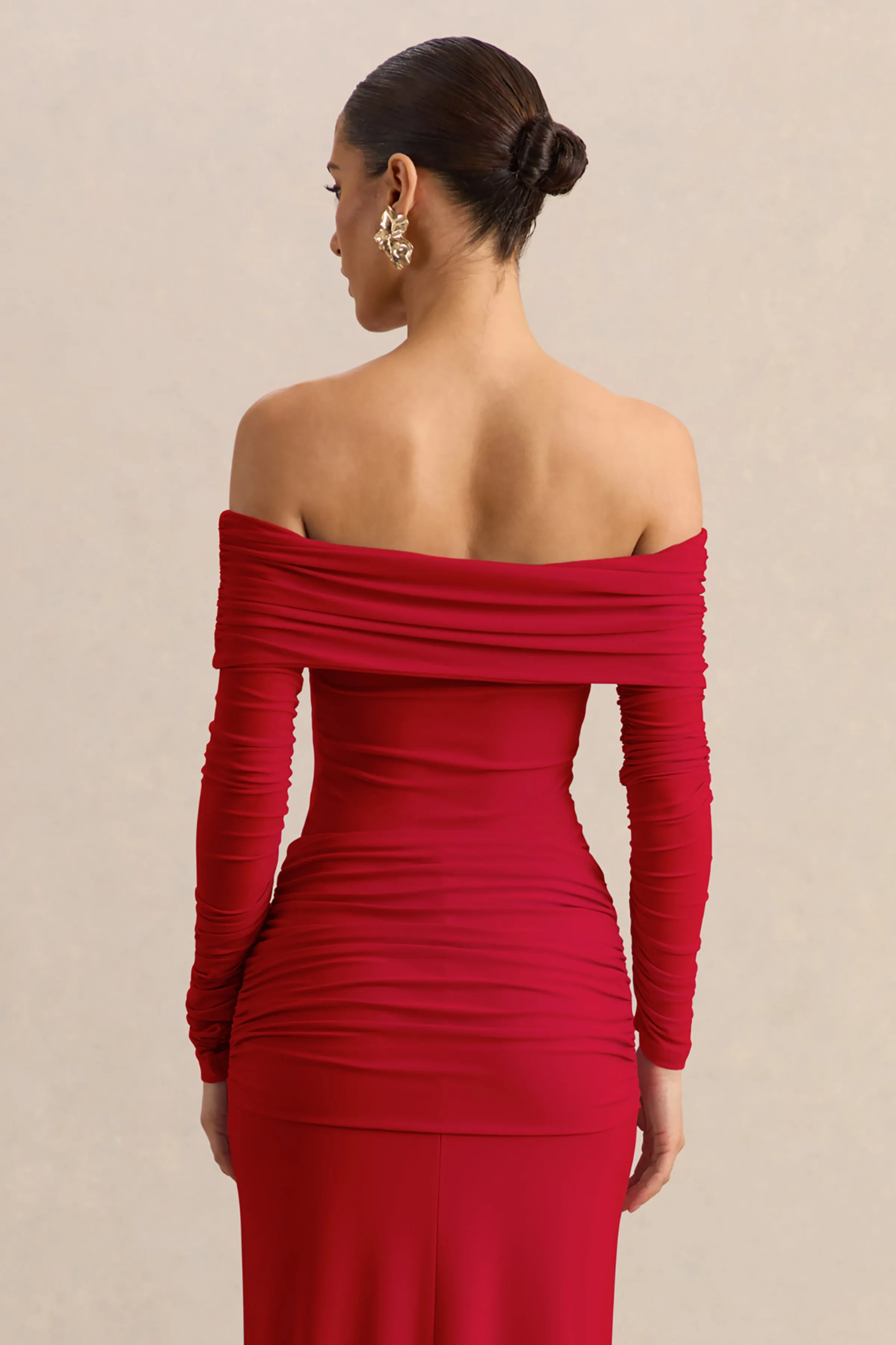 Helia | Red Bardot Neck Thong Bodysuit With Ruched Long Sleeves sold by Club L London product image thumbnail 2