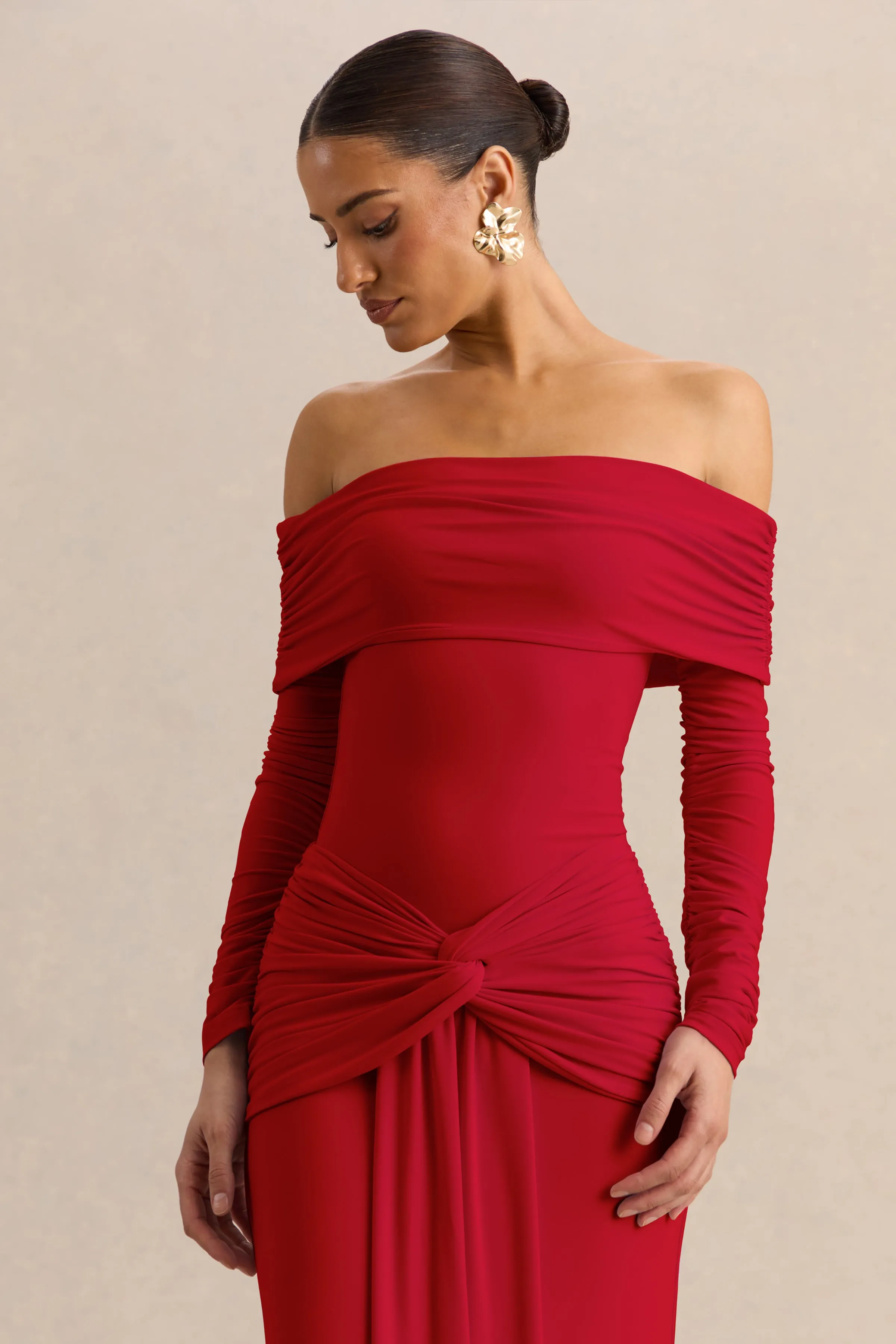 Helia | Red Bardot Neck Thong Bodysuit With Ruched Long Sleeves sold by Club L London product image thumbnail 3